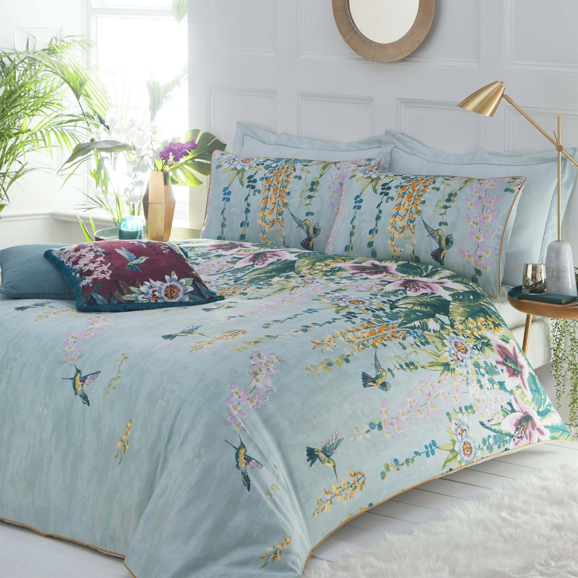 Paoletti Hanging Gardens Reversible 100% Cotton Duvet Cover and Pillowcase Set Blue/Yellow/Green