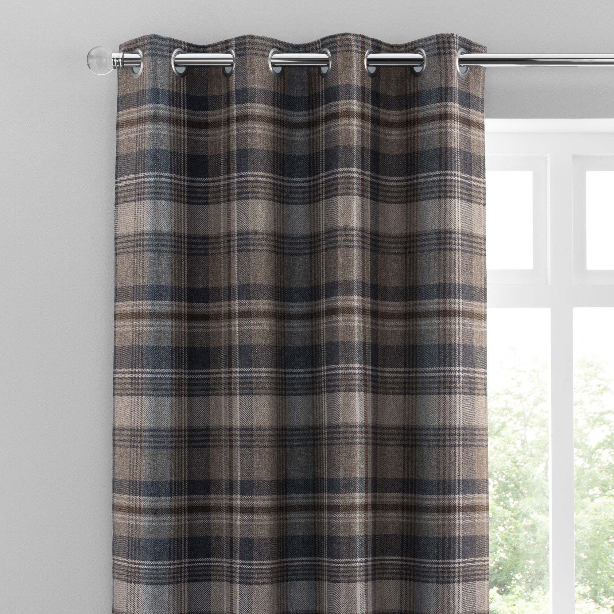 Perth Navy Check Eyelet Curtains Navy Blue, Brown and White