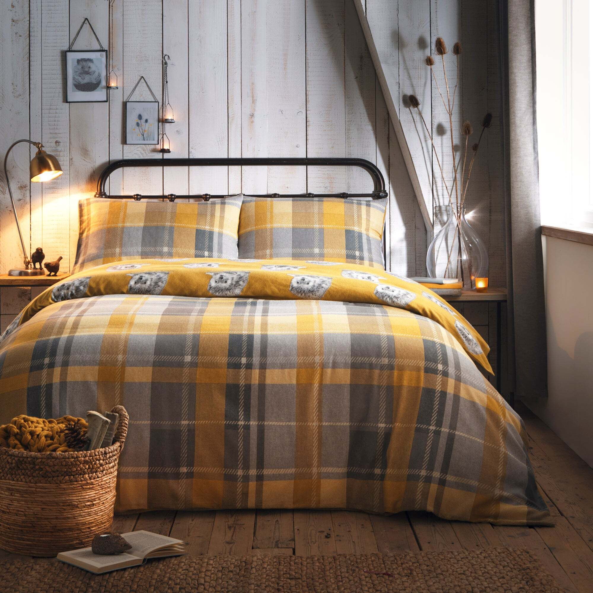 Colville Yellow Checked 100% Brushed Cotton Duvet Cover and Pillowcase Set Yellow, Grey and White