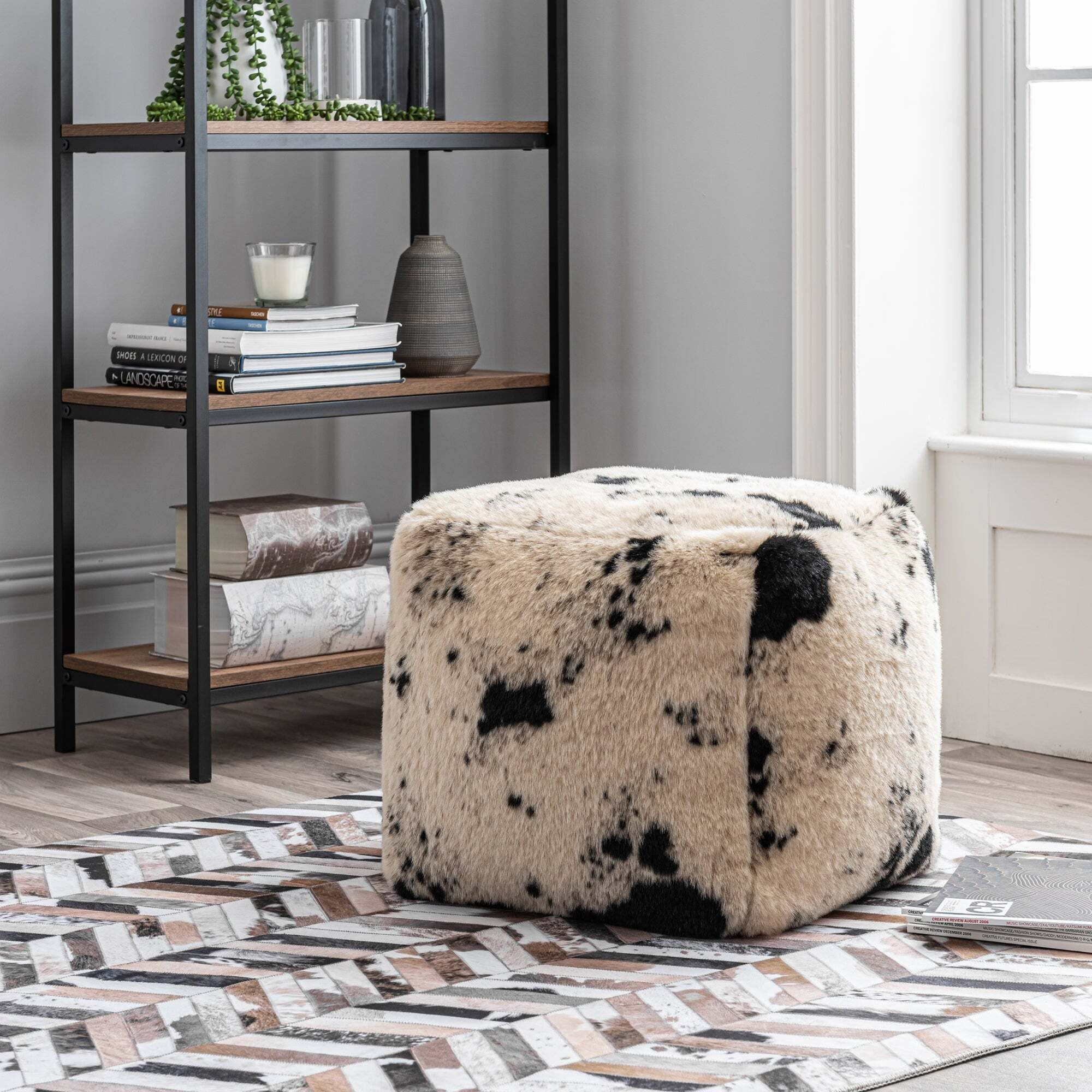 Faux Cow Hide Black Pouffe Black/Beige