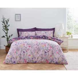 Fleur Floral Purple 100% Cotton Reversible Duvet Cover and Pillowcase Set Purple