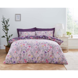 Fleur Floral Purple 100% Cotton Reversible Duvet Cover and Pillowcase Set Purple/Pink/Yellow