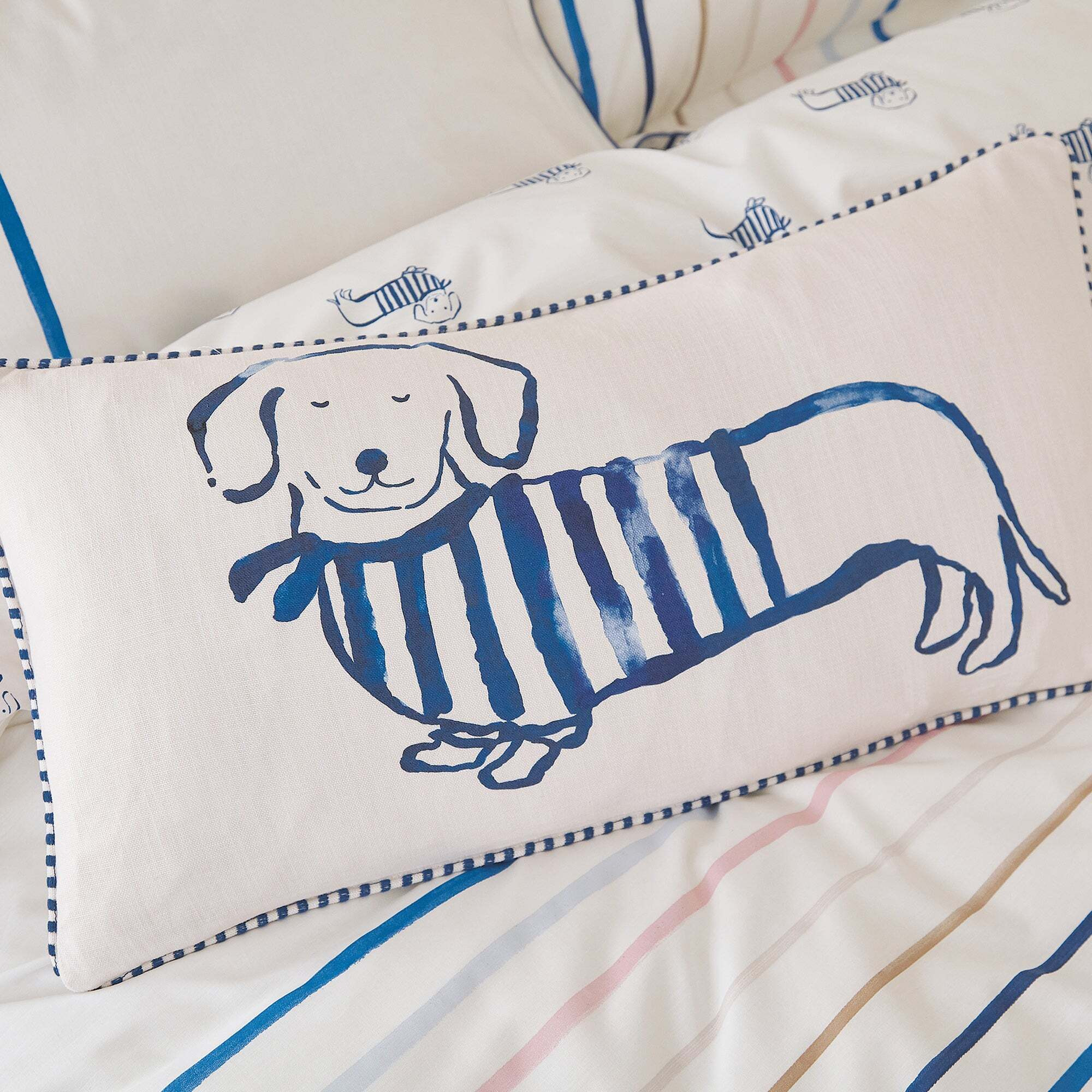 Joules Coastal Sausage Dog Cushion Blue/White