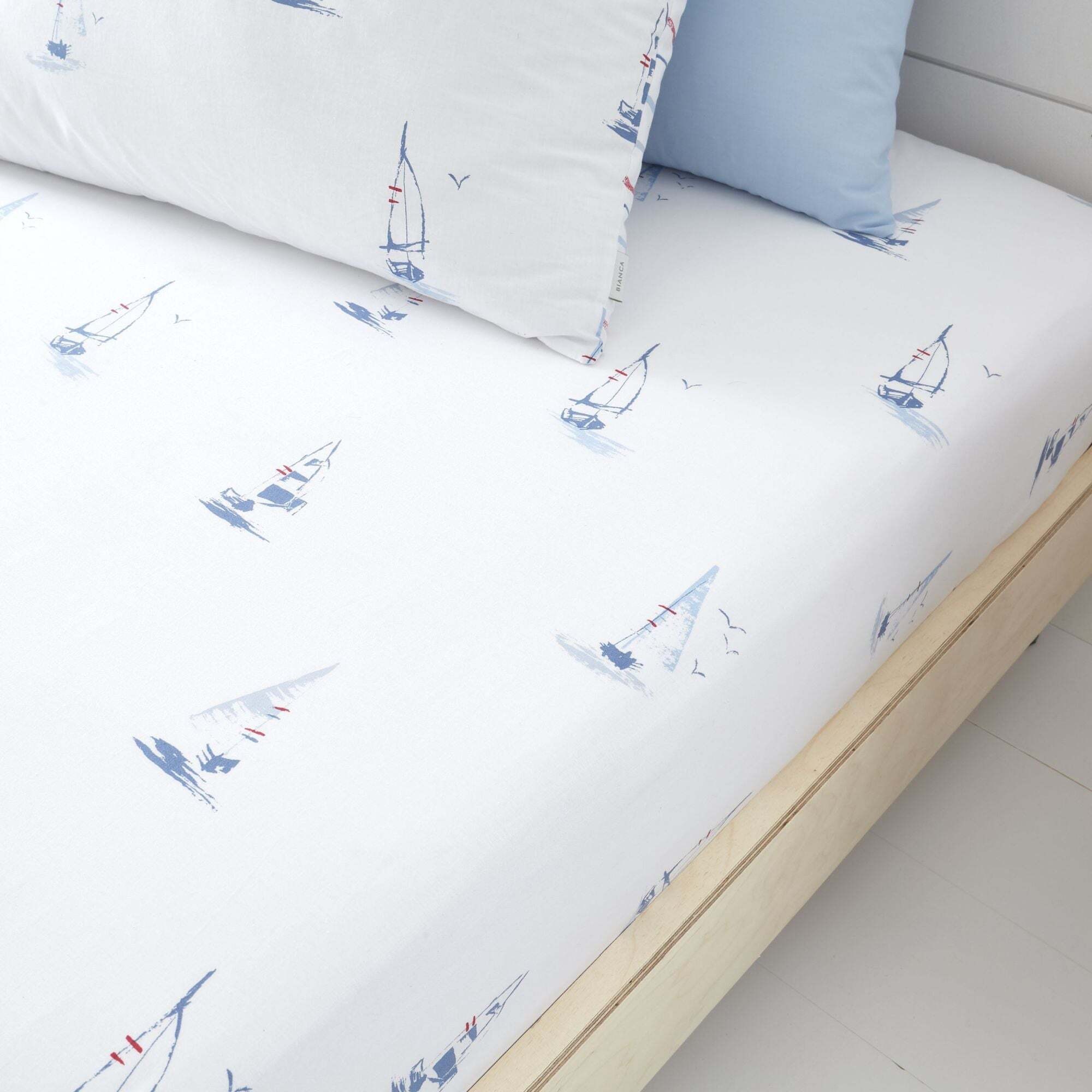 Bianca Fine Linens Sailing Boats 100% Cotton Fitted Sheet Blue