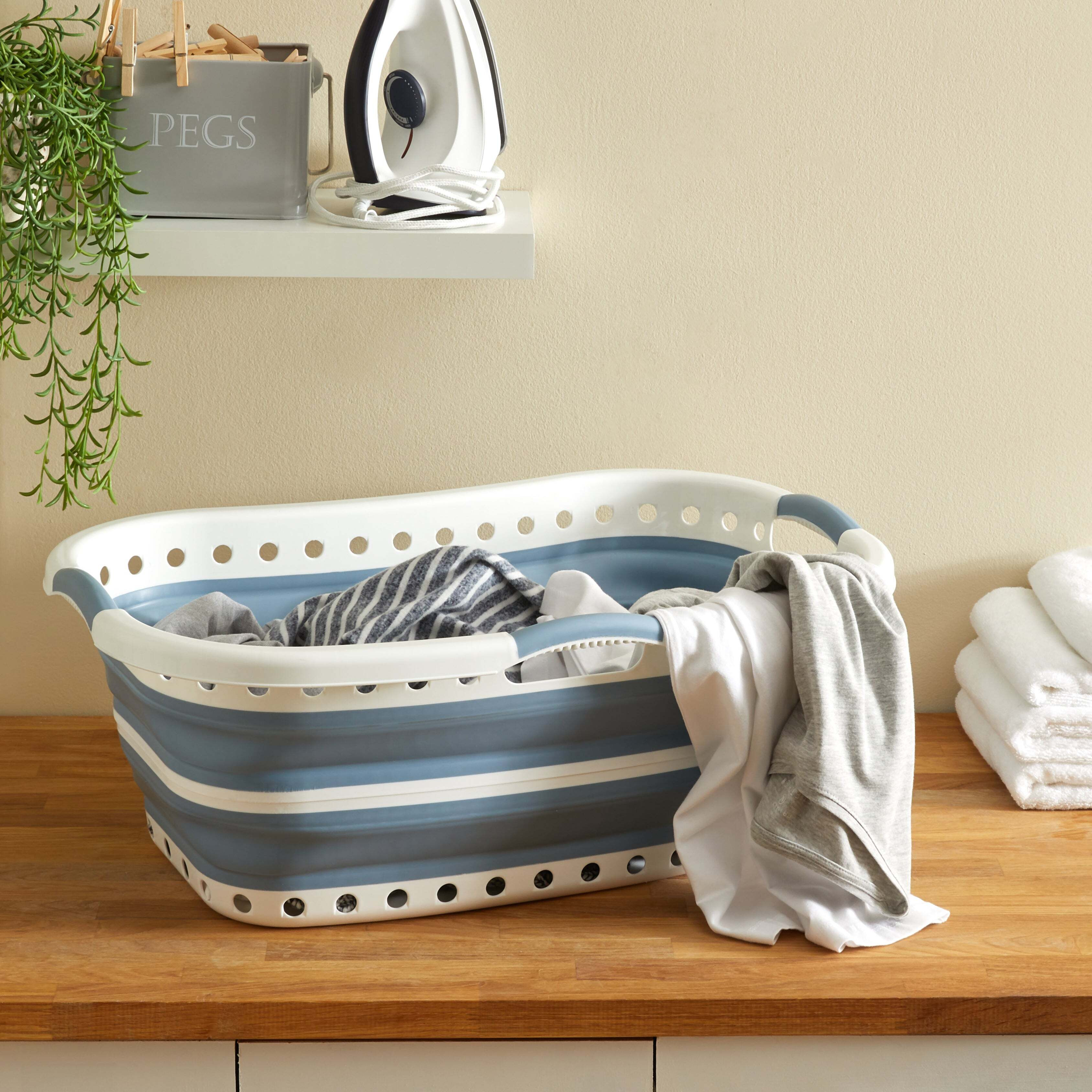 Collapsible Hip Laundry Basket Blue/White