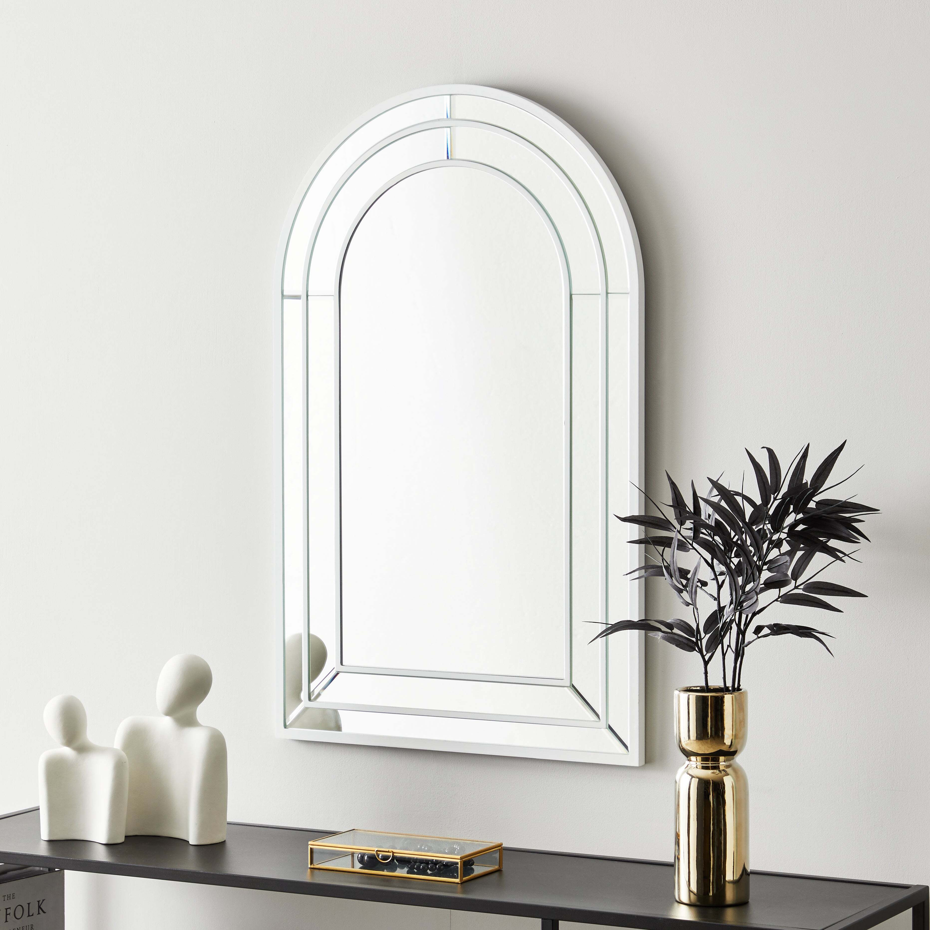 Double Edge Frame Large Arched Mirror, 80x50cm White