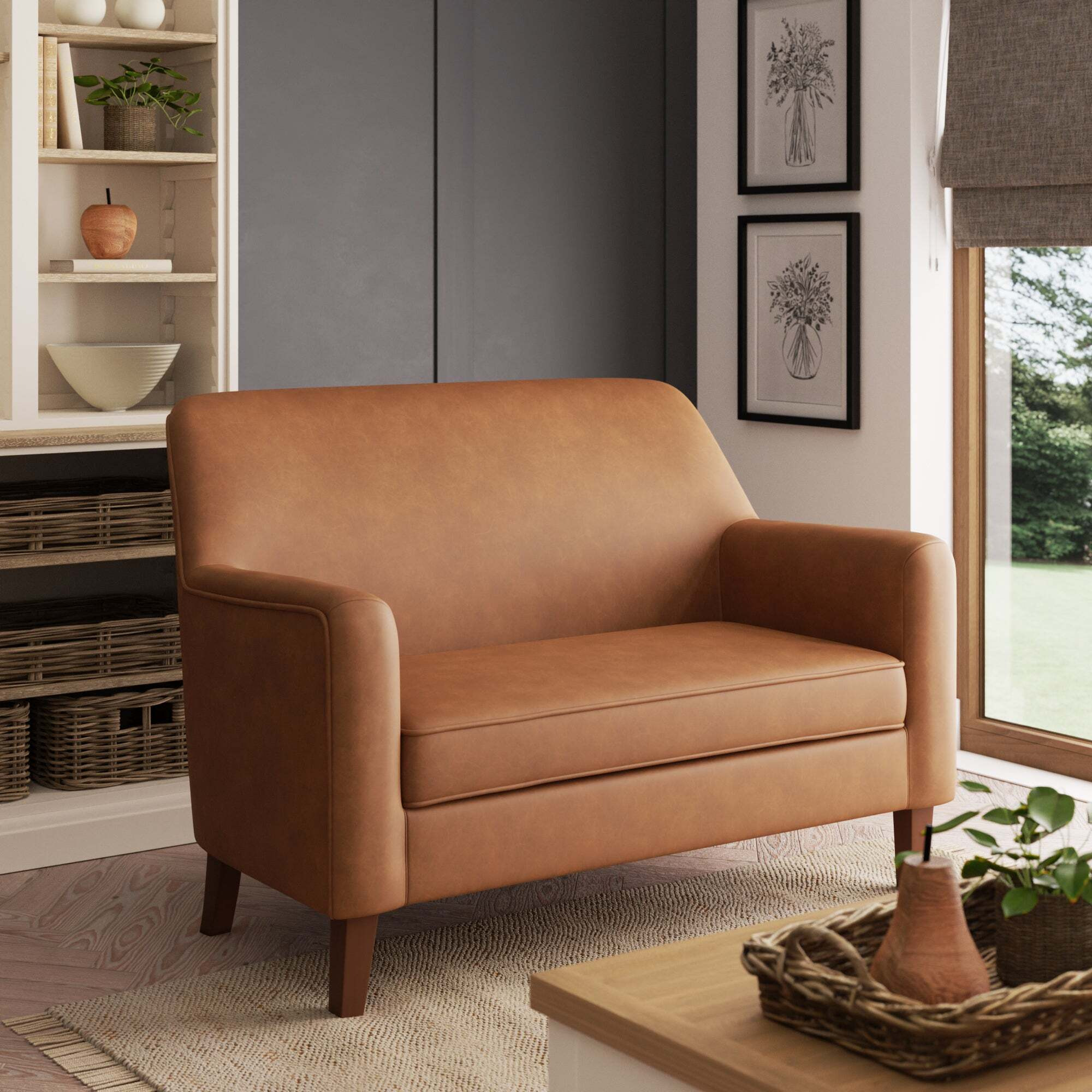 Cooper Grey Faux Leather 2 Seater Sofa Tan