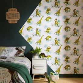 All About Dinosaurs White Wallpaper Green
