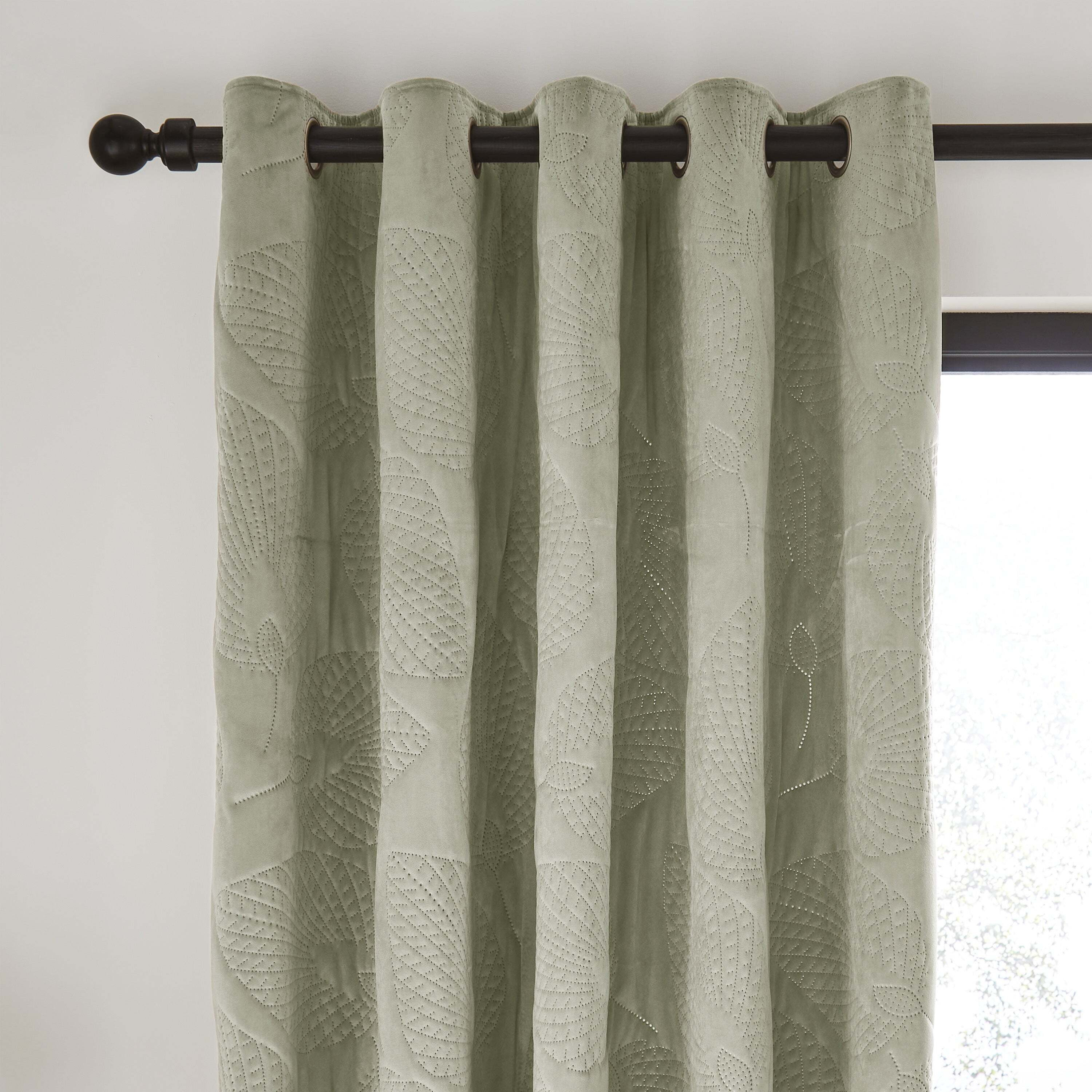 Catherine Lansfield Velvet Pinsonic Leaf Green Thermal Eyelet Curtains Green