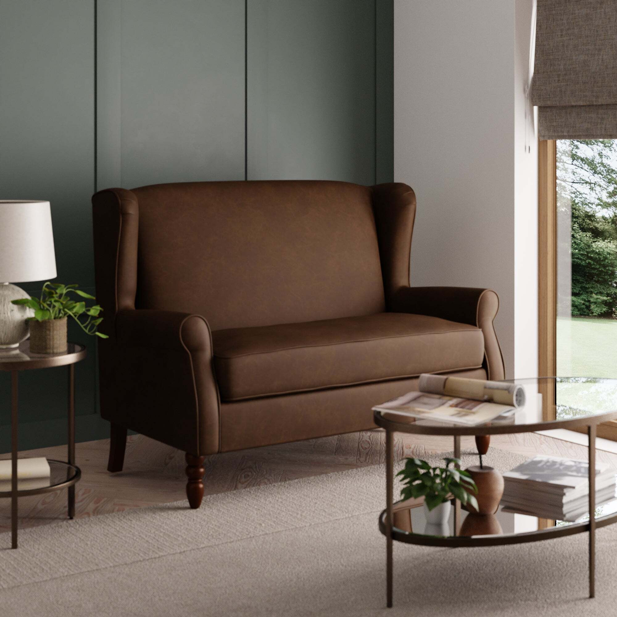 Oswald Mocha Faux Leather Small 2 Seater Sofa Brown