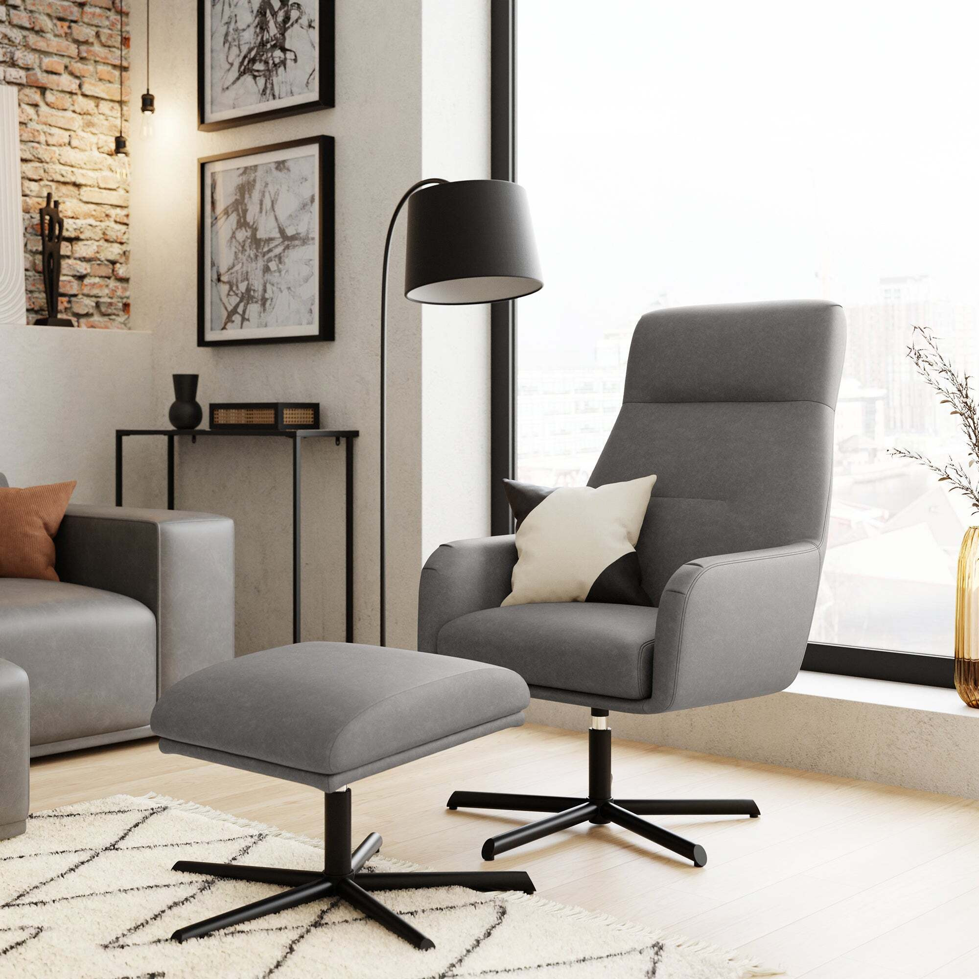 Hudson Faux Leather Swivel Chair and Footstool Grey by Dunelm