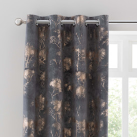 Velour Tree Print Charcoal Eyelet Curtains Charcoal/Gold