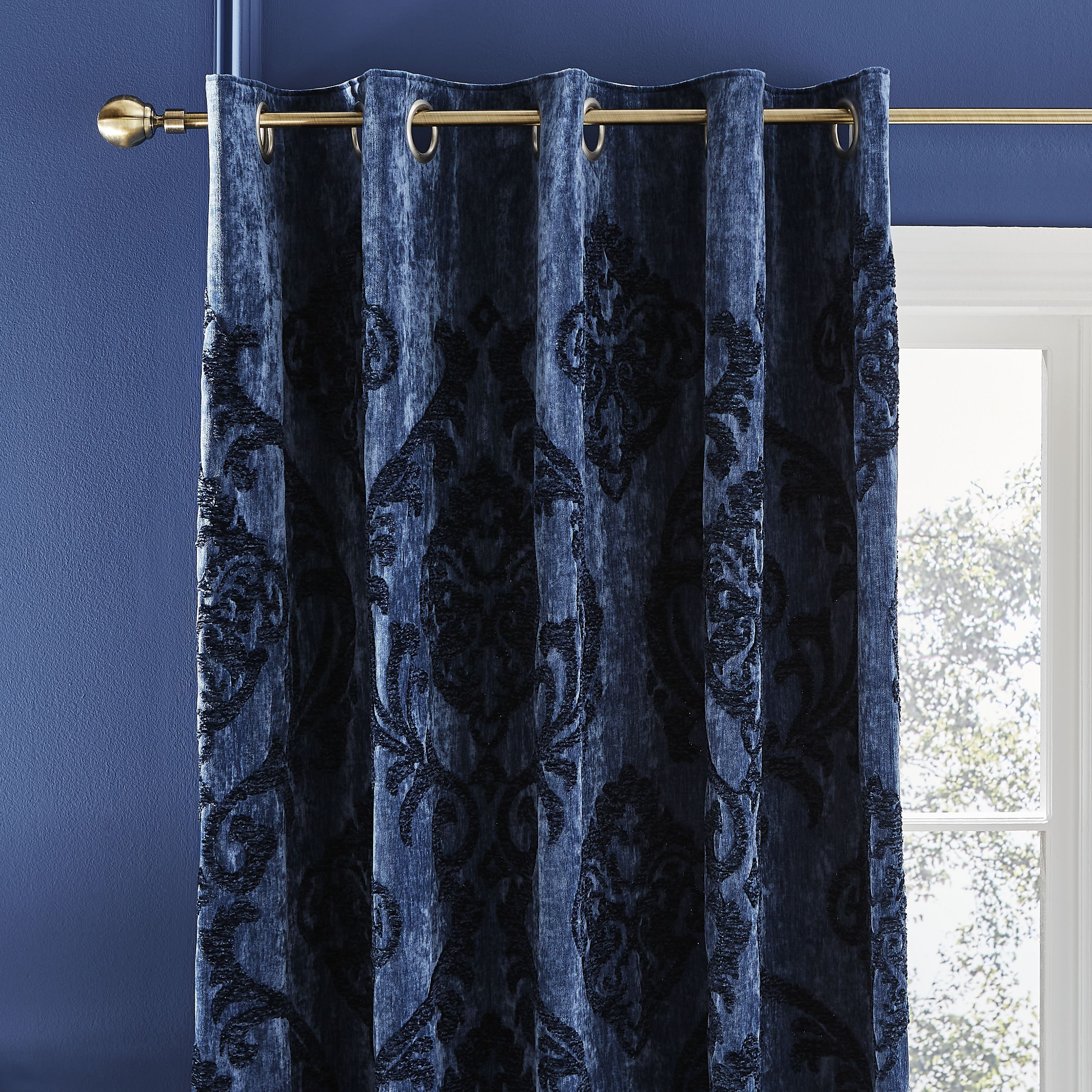 Louella Damask Navy Eyelet Curtains Navy Blue