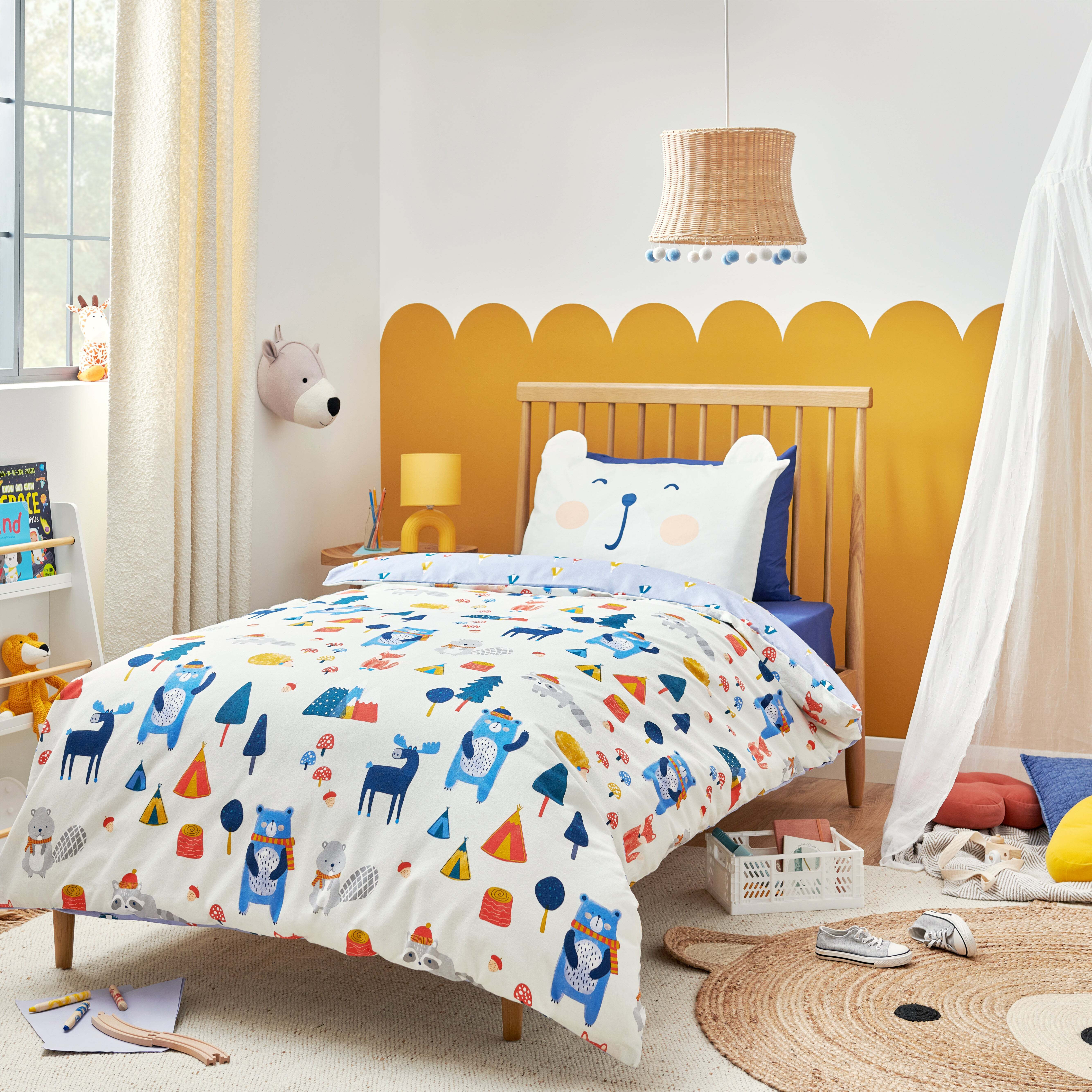 Woodland 3D Blue Bear 100% Cotton Duvet Cover and Pillowcase Set