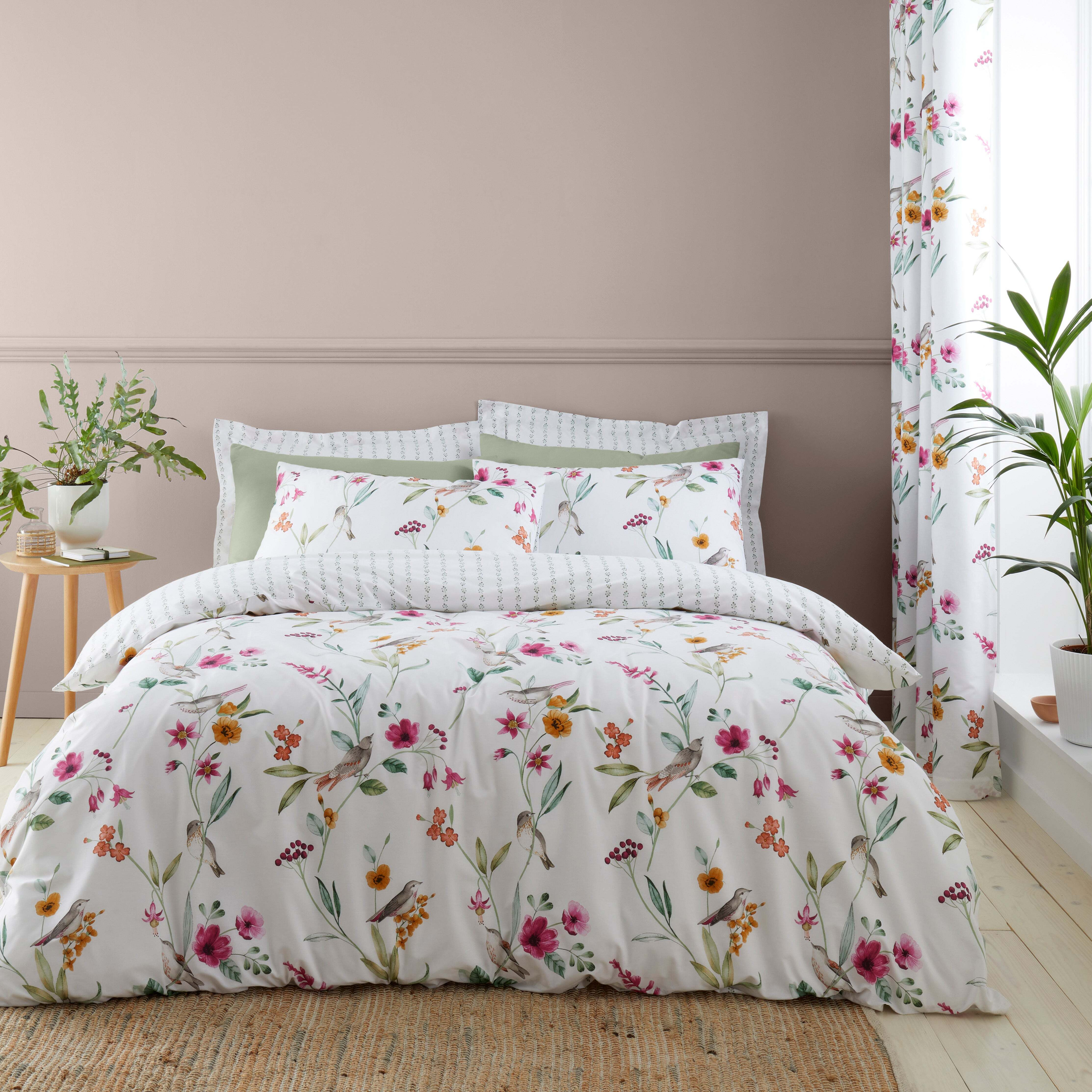Country Bird Pink Duvet Cover and Pillowcase Set Pink/White