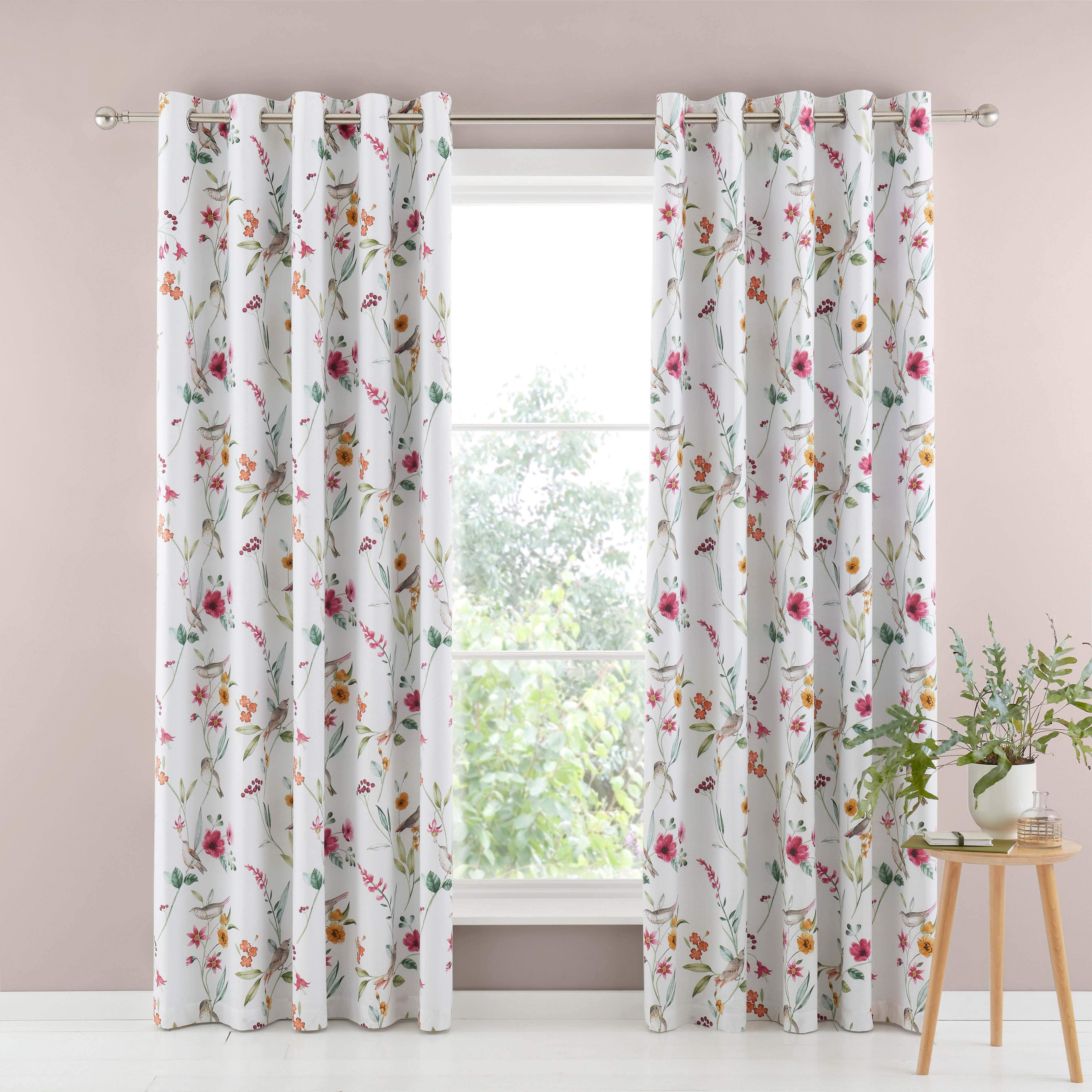 Country Bird Pink Blackout Eyelet Curtains Blue/Pink/White