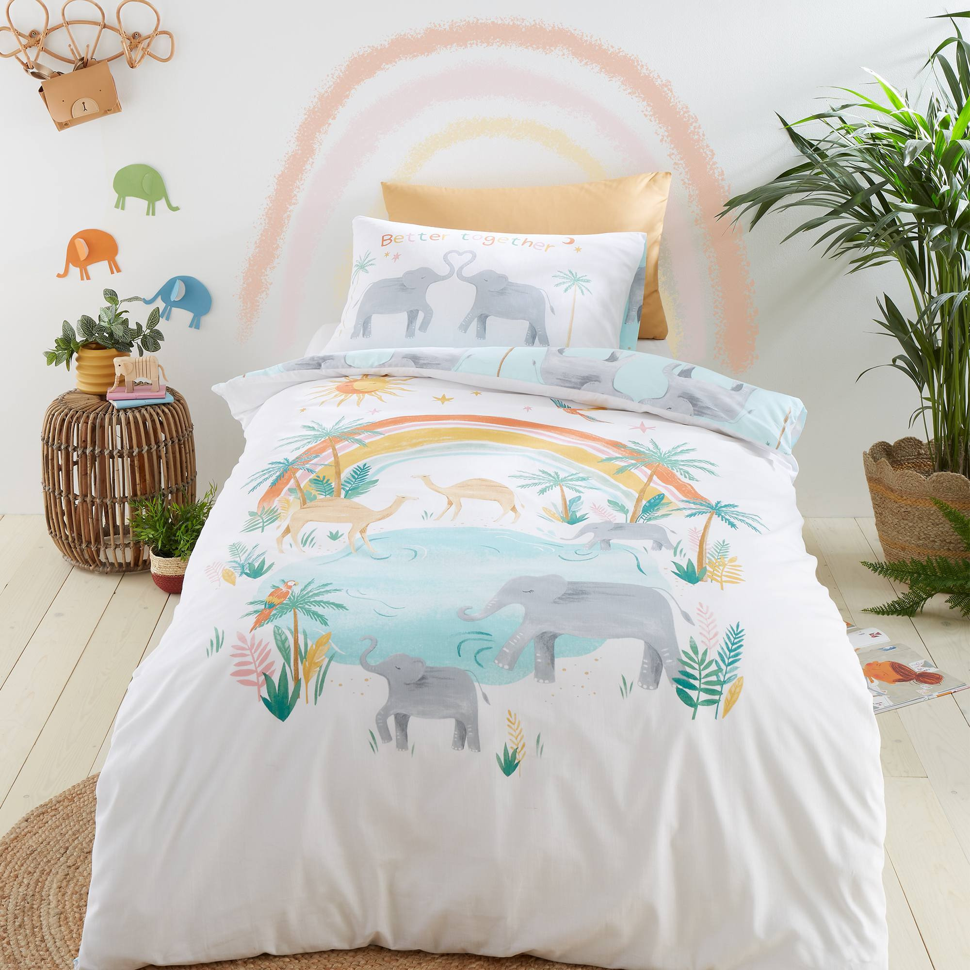 Pineapple Elephant Paradise Animals Duvet Cover and Pillowcase Set Pastel (Multi Coloured)