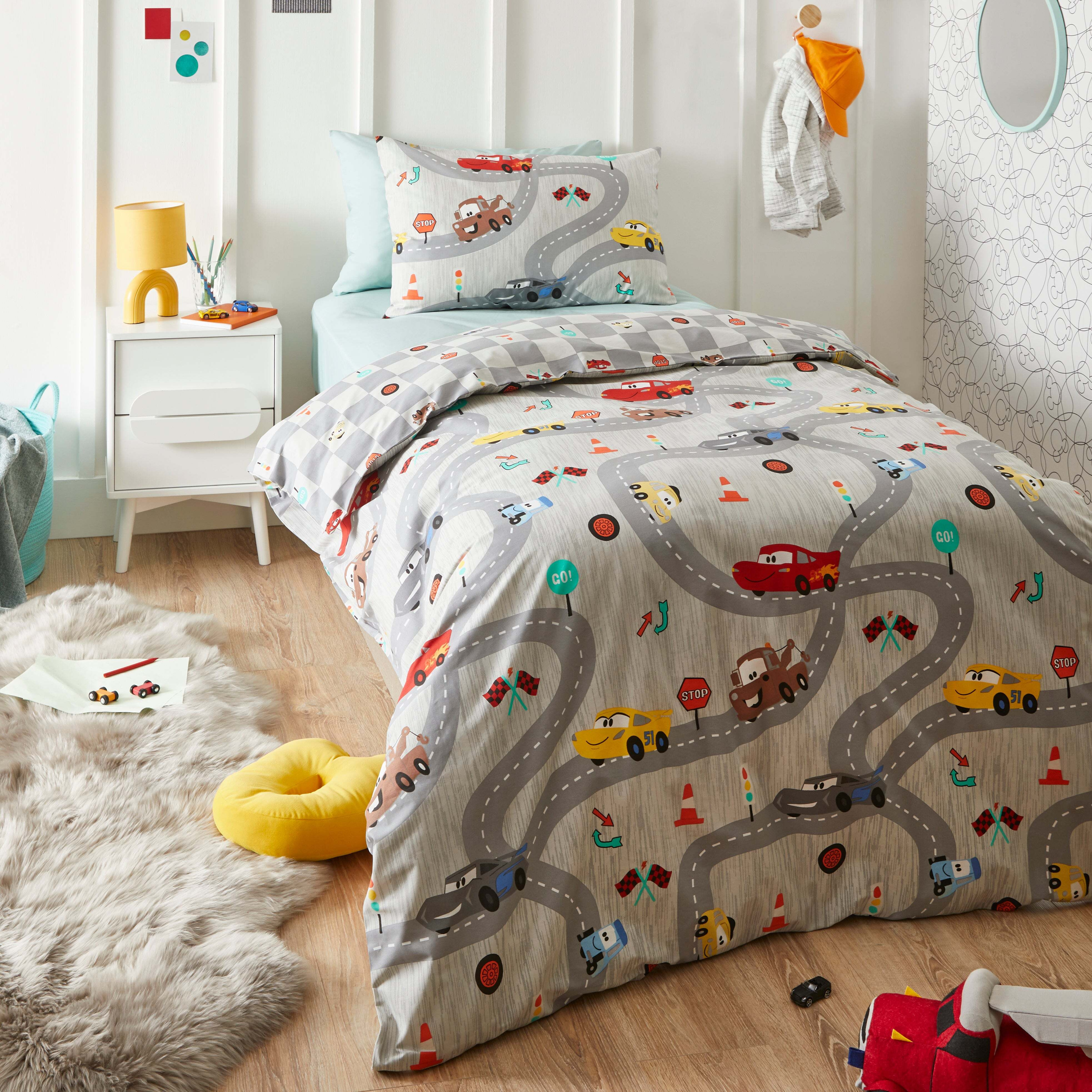 Disney Cars 100% Cotton Duvet Cover and Pillowcase Set Light Grey