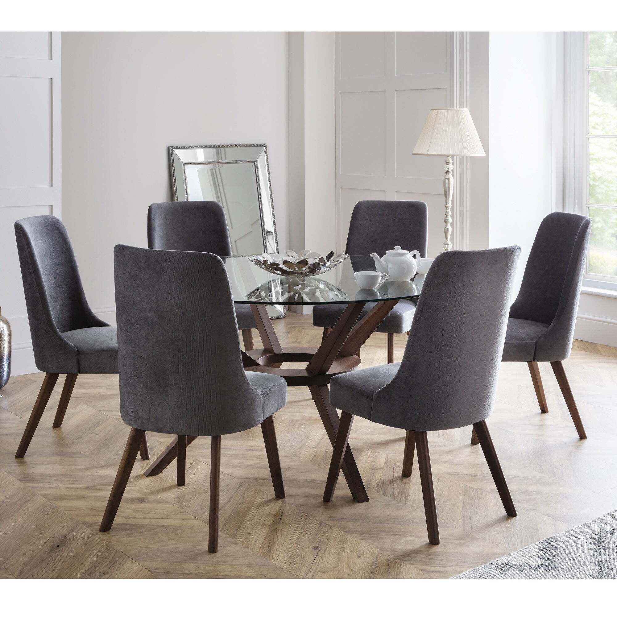 Chelsea Round Glass Top Dining Table with 6 Huxley Chairs Brown