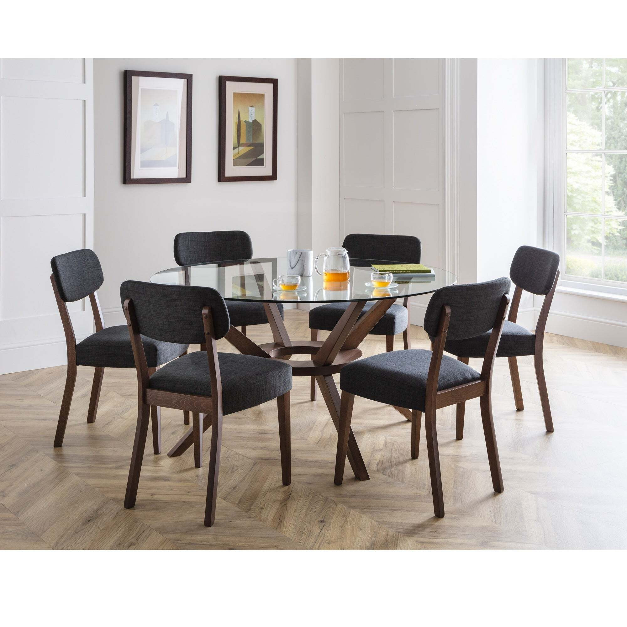 Chelsea Round Glass Top Dining Table with 6 Farringdon Chairs Brown
