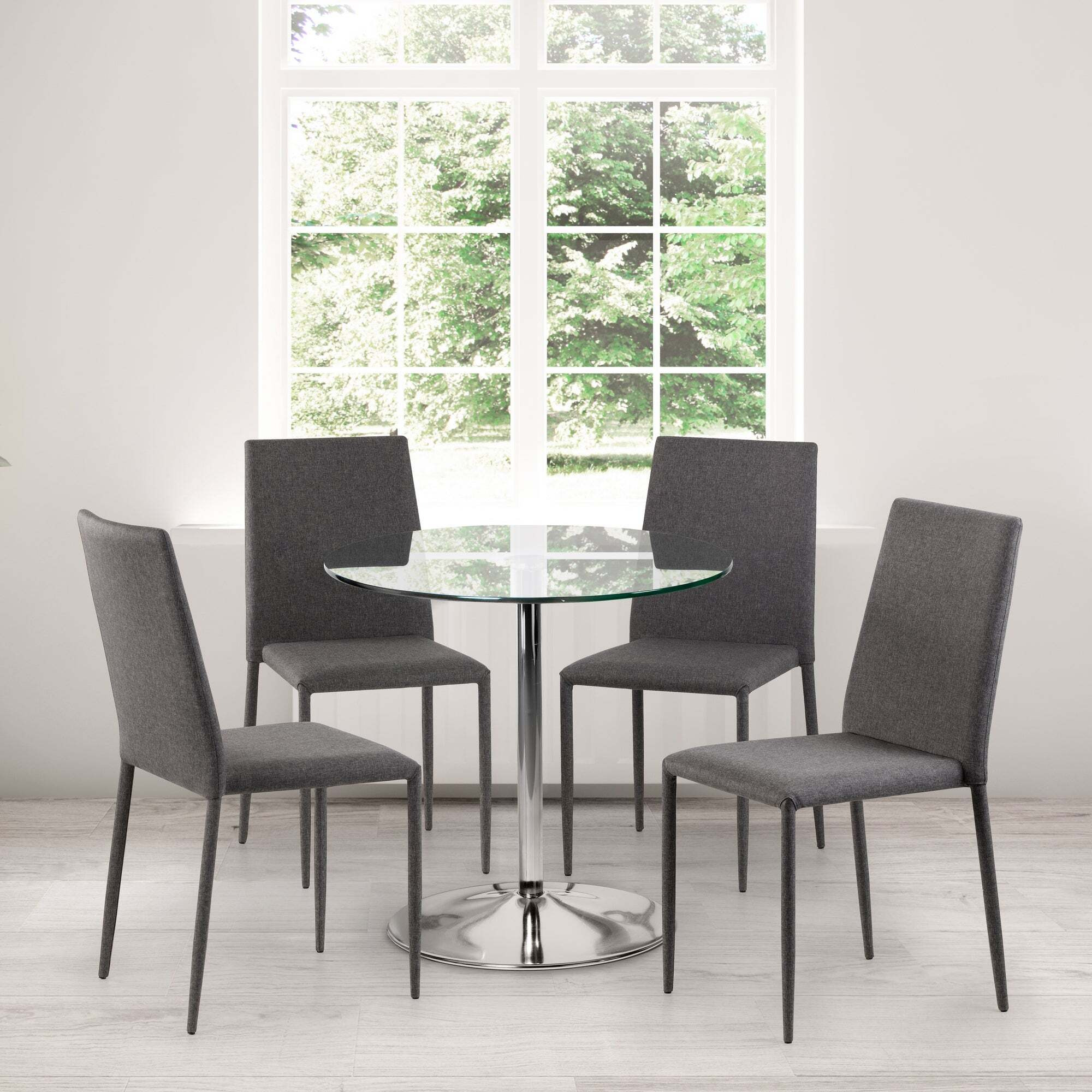 Kudos Round Pedestal Glass Top Dining Table with 4 Jazz Chairs, Chrome Chrome
