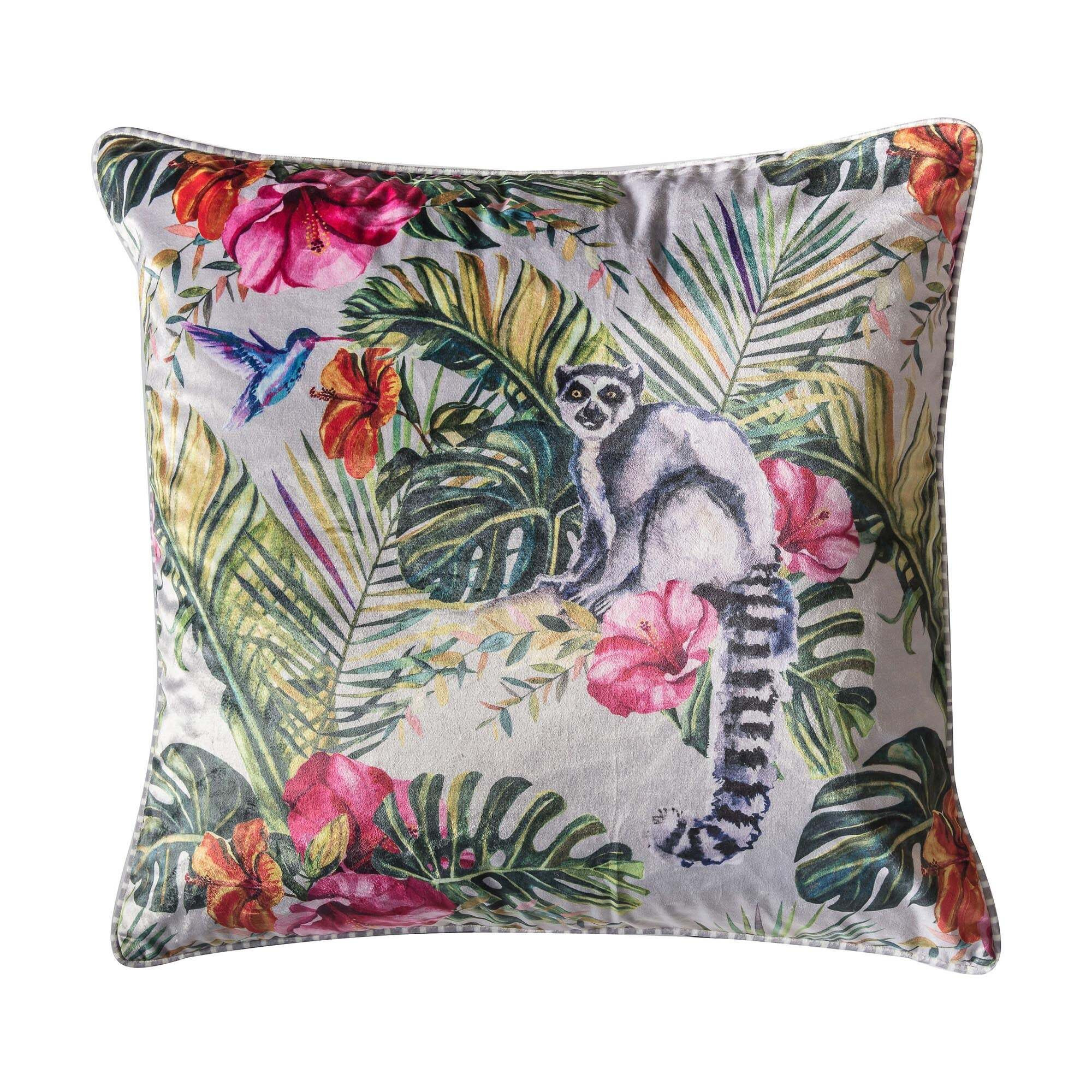 Tropical Lemur Velvet Cushion Silver