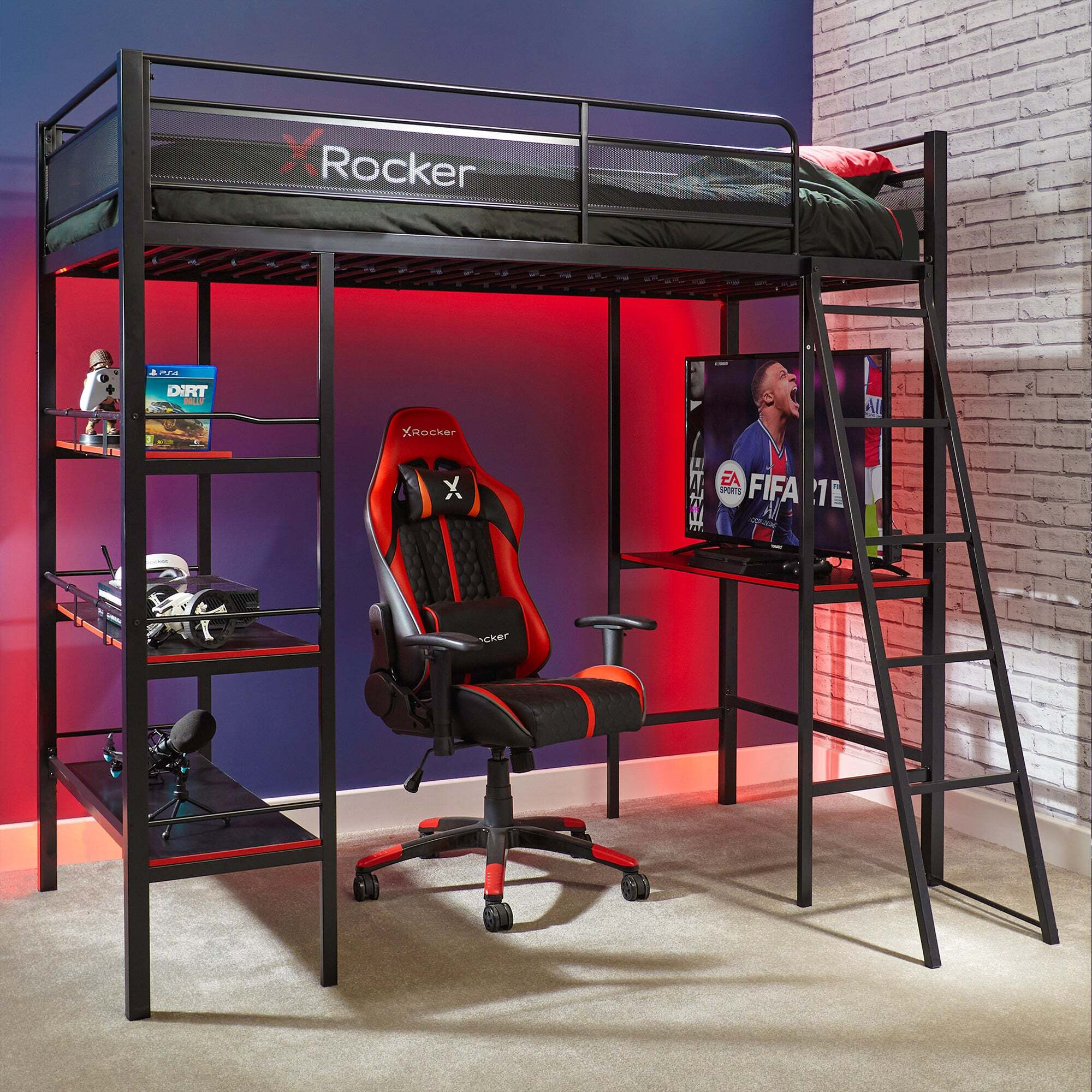 X Rocker Fortress Gaming High Sleeper Bunk Bed with Shelves & Desk Black