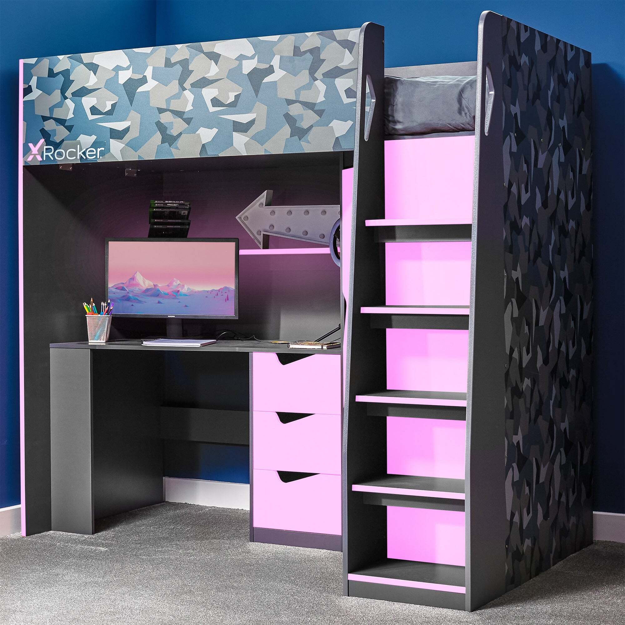 X Rocker Hideout Gaming High Sleeper Bunk Bed and Desk Pink