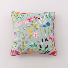 Embroidered Floral Meadow Cushion Green/Pink