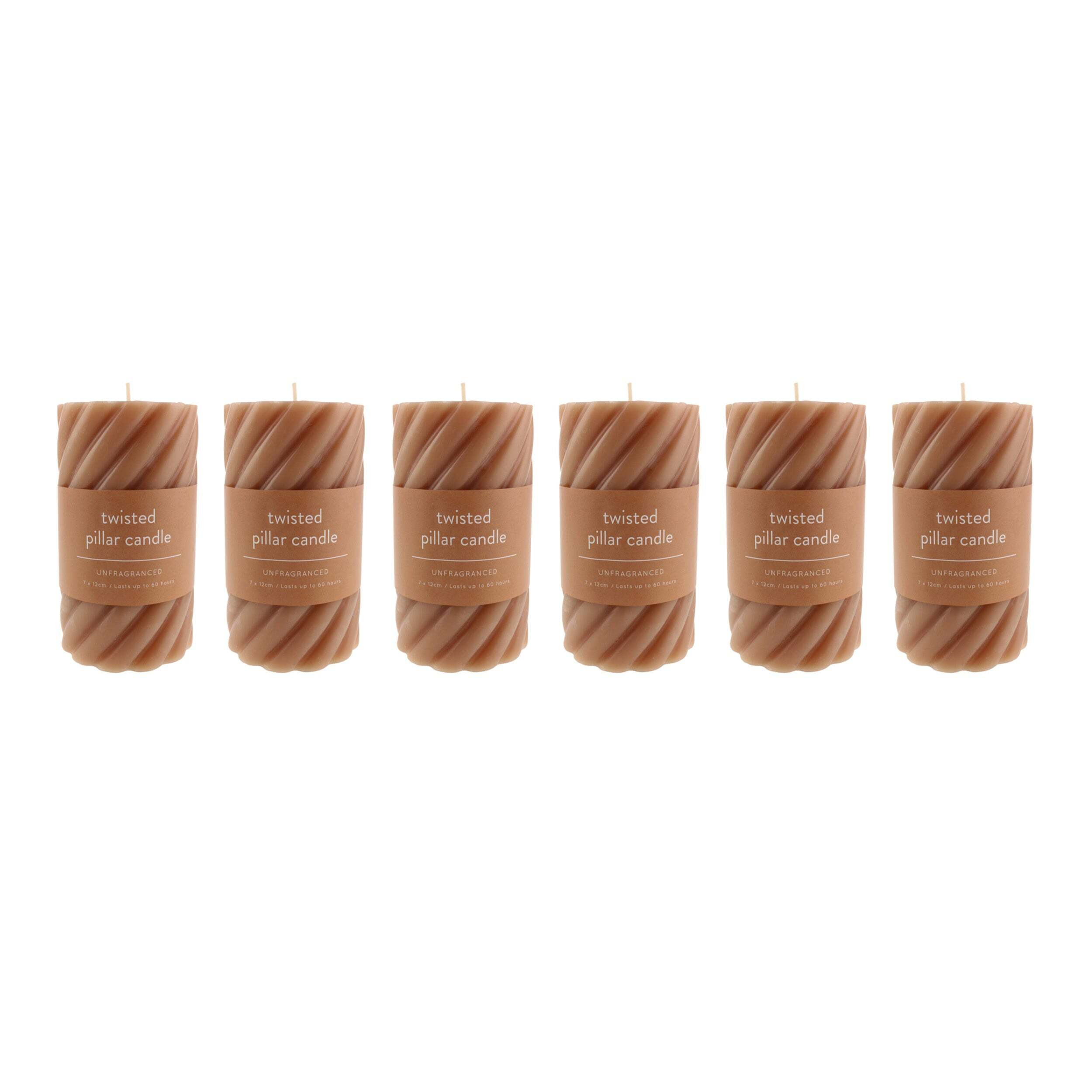 Pack of 6 Twisted Pillar Candles Brown