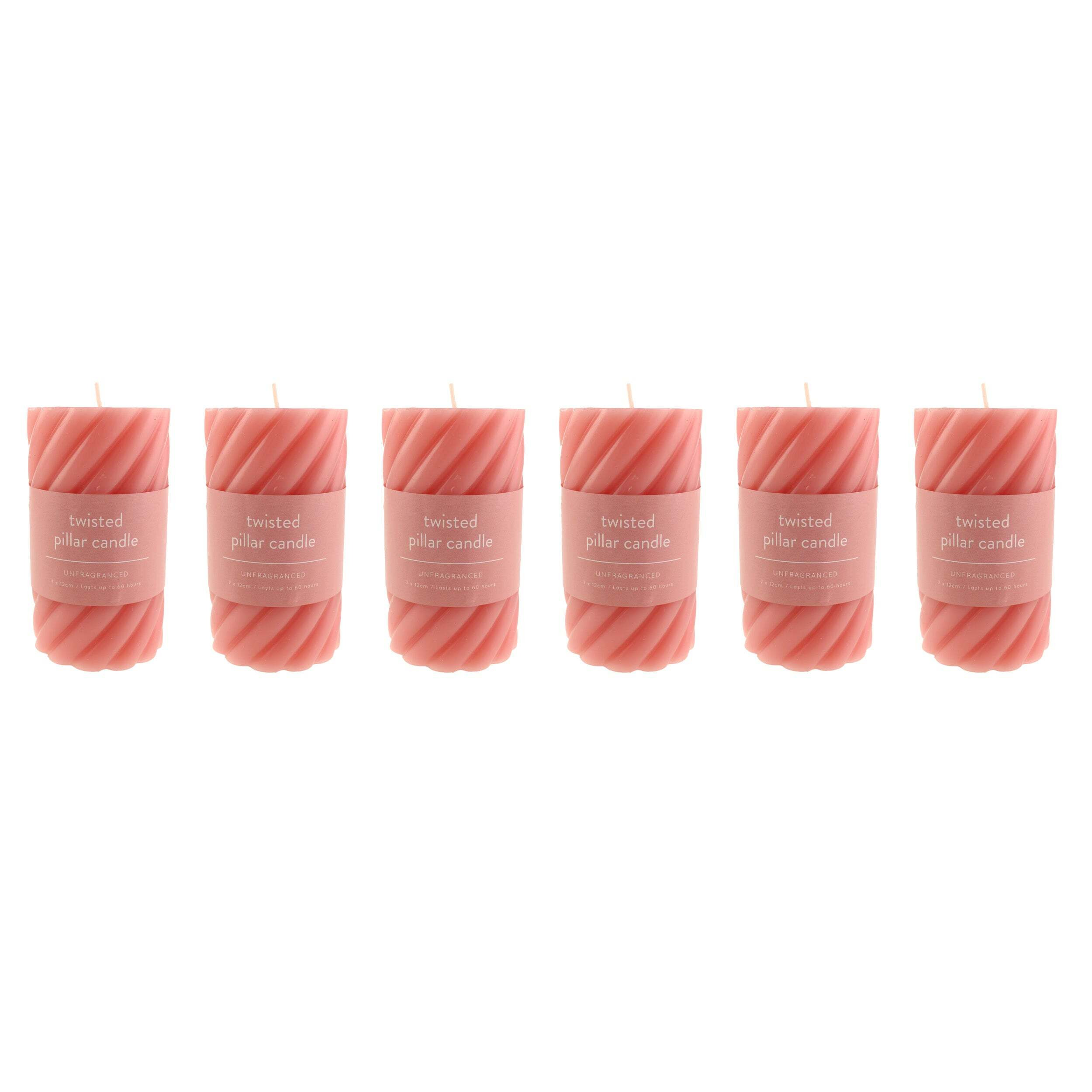 Pack of 6 Twisted Pillar Candles Pink