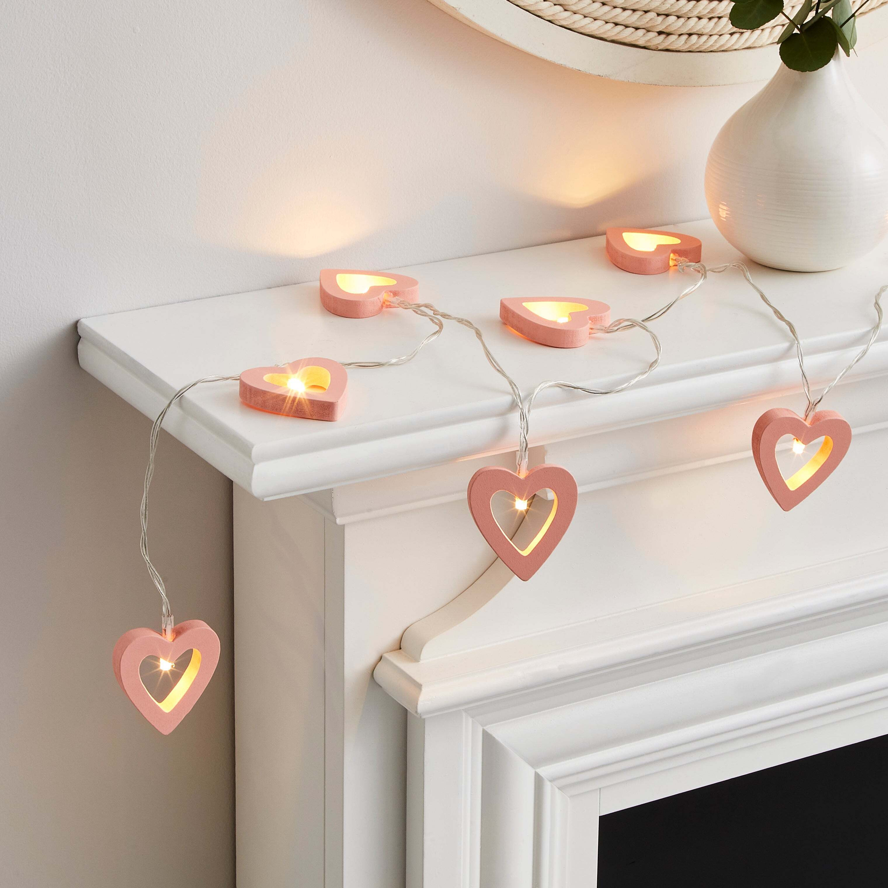 Pink Wooden Heart LED String Lights Pink