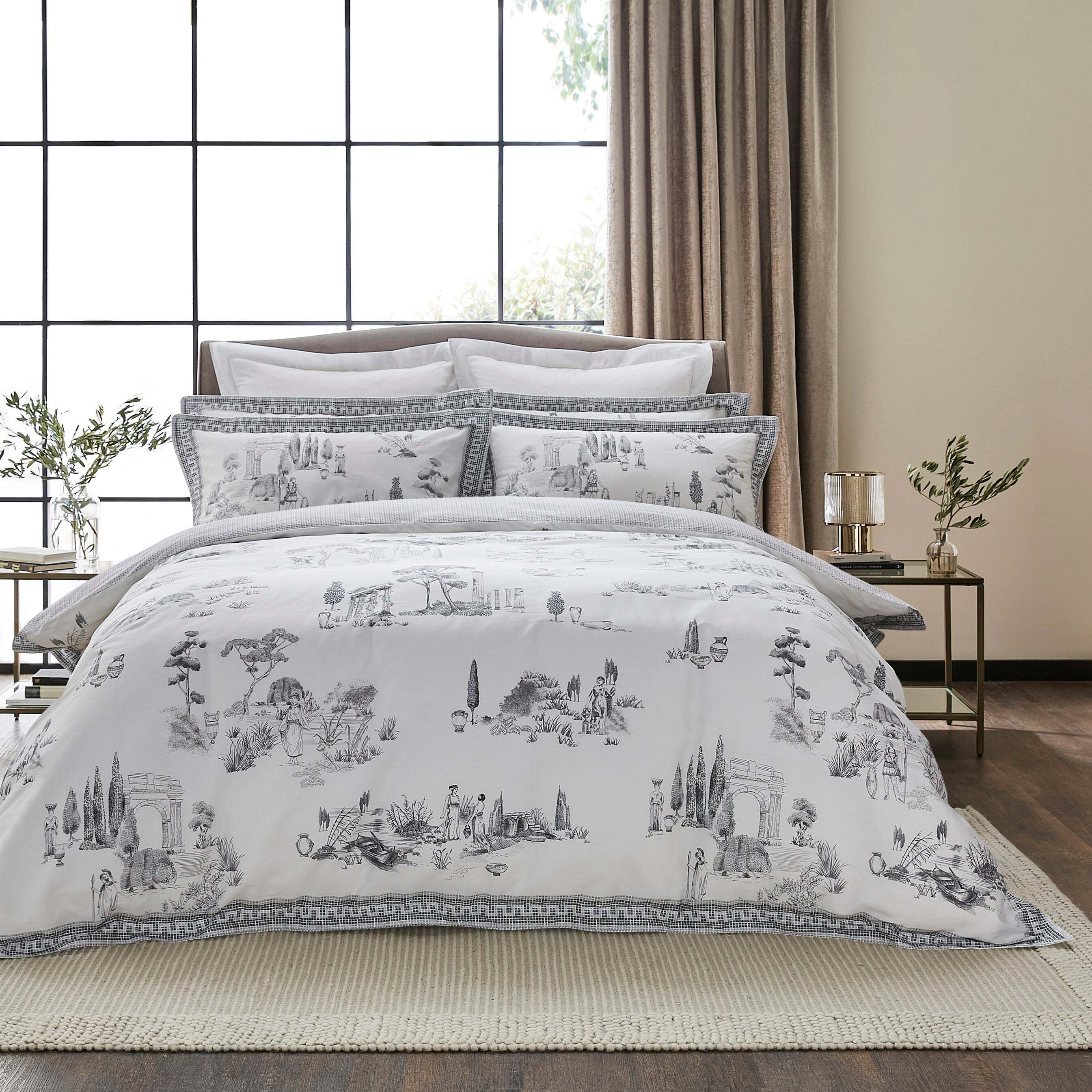 Dorma Pelion Toile Slate Cotton Duvet Cover and Pillowcase Set White/Grey