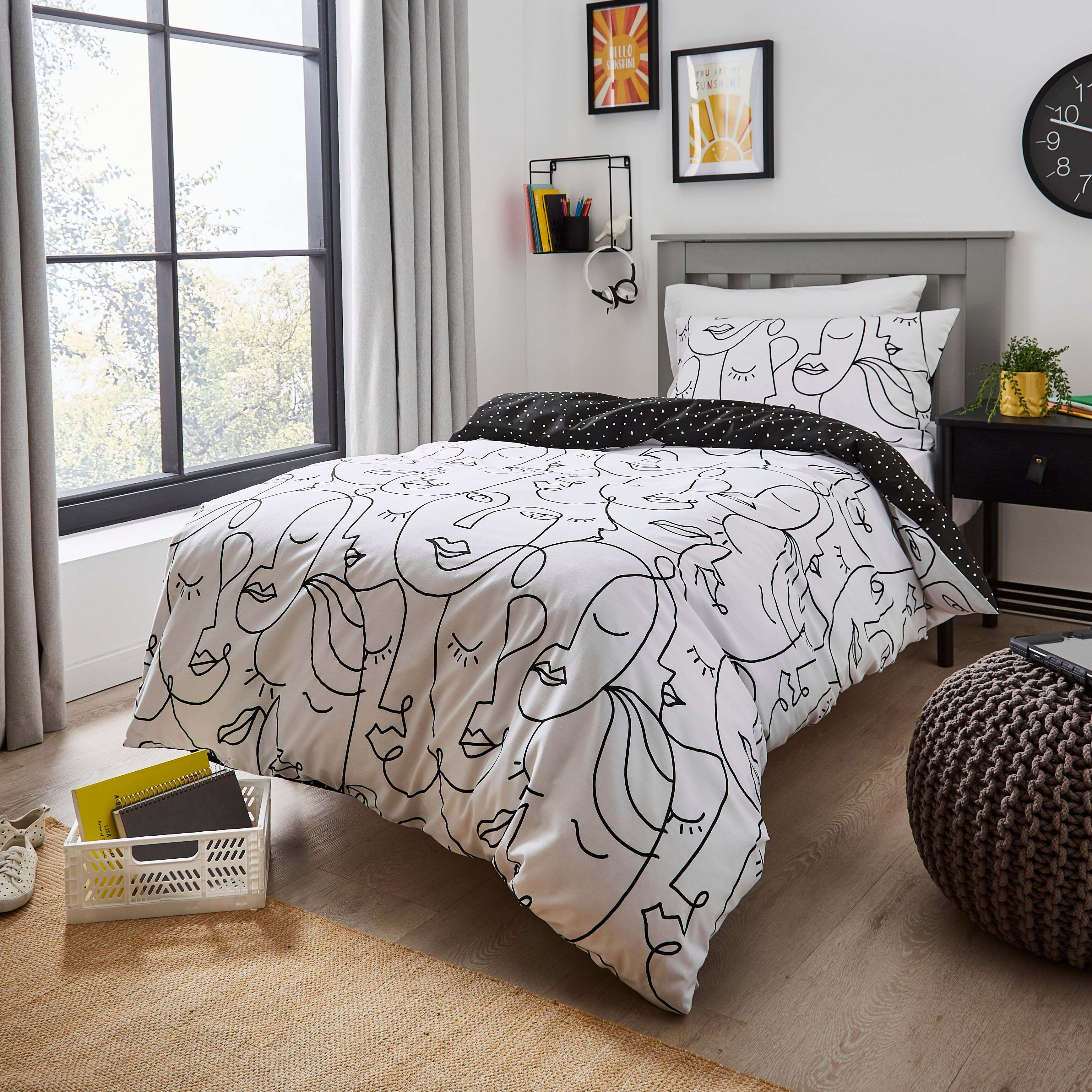 Faces Mono Black Duvet Cover and Pillowcase Set Black/White