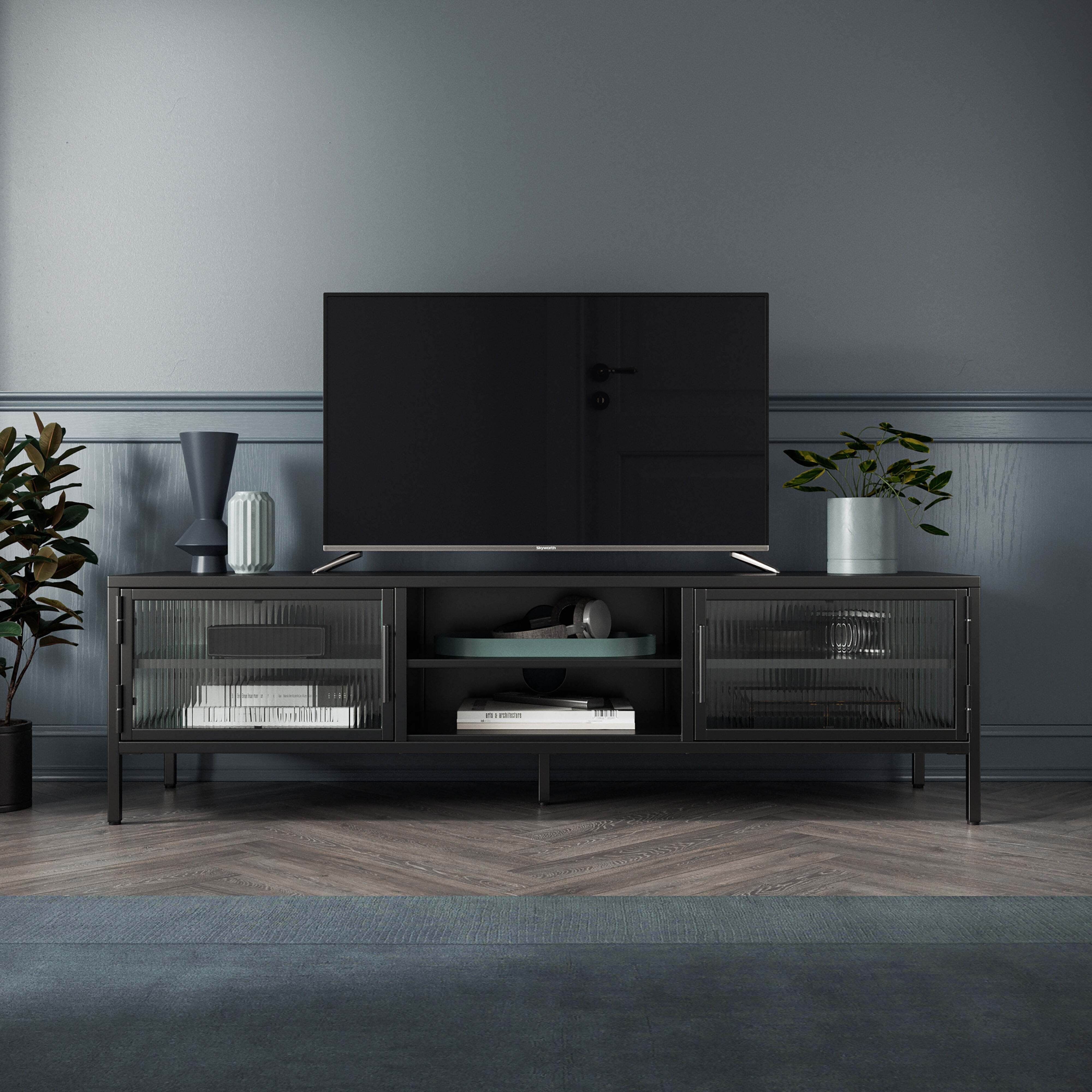 Stannis Wide TV Unit Black, Ribbed Glass Black