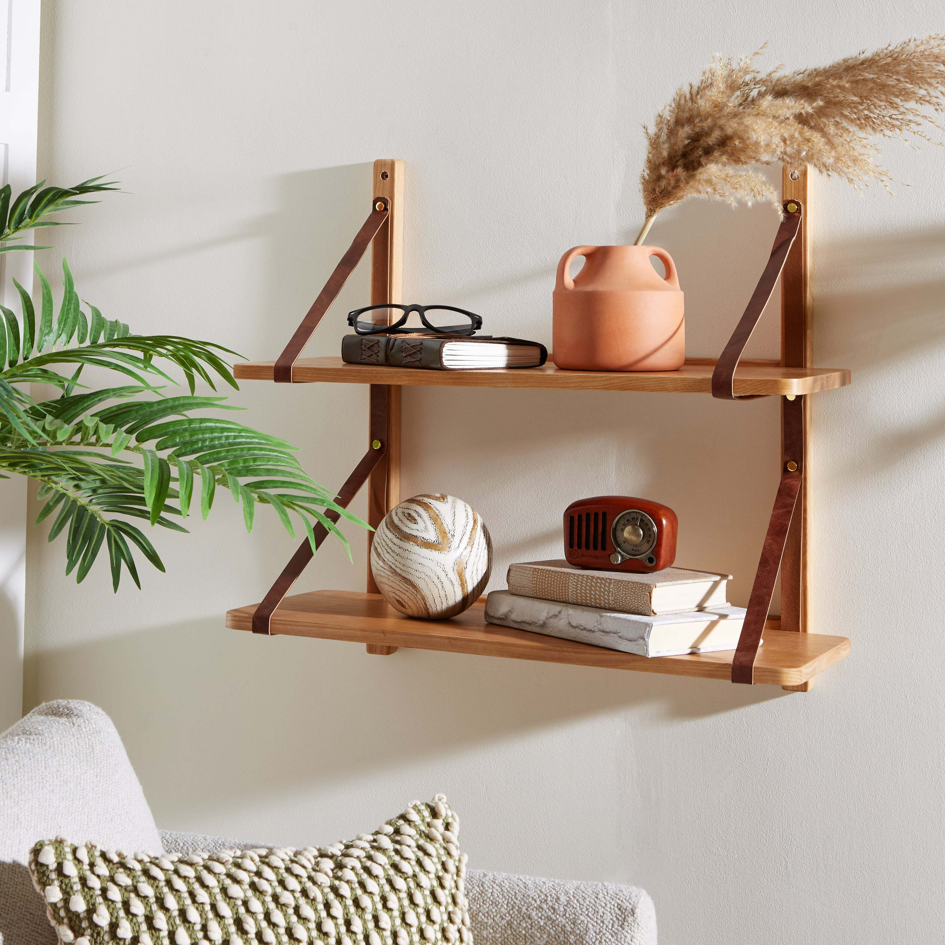 Artisan Wall Shelves with Leather Straps Natural