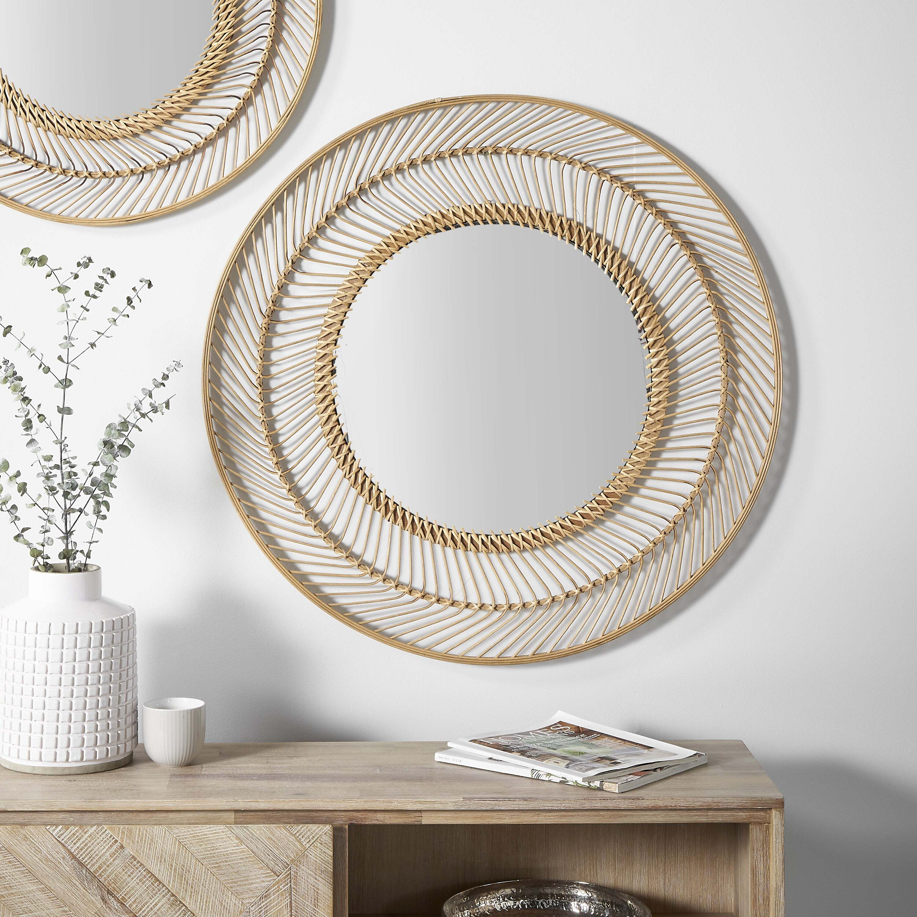 Bamboo Large Round Wall Mirror, 90cm Brown