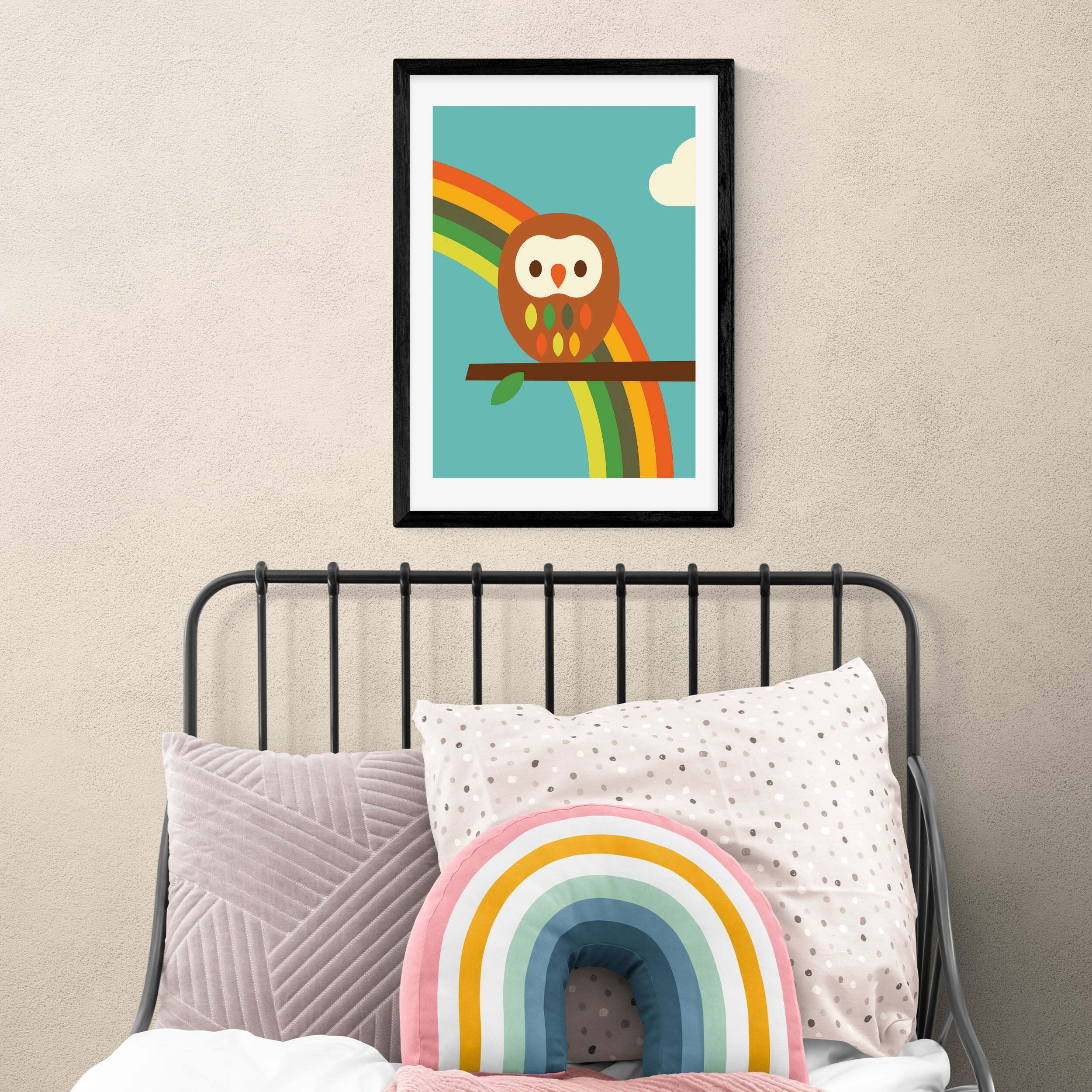 East End Prints Owl and Rainbow Print Brown/White