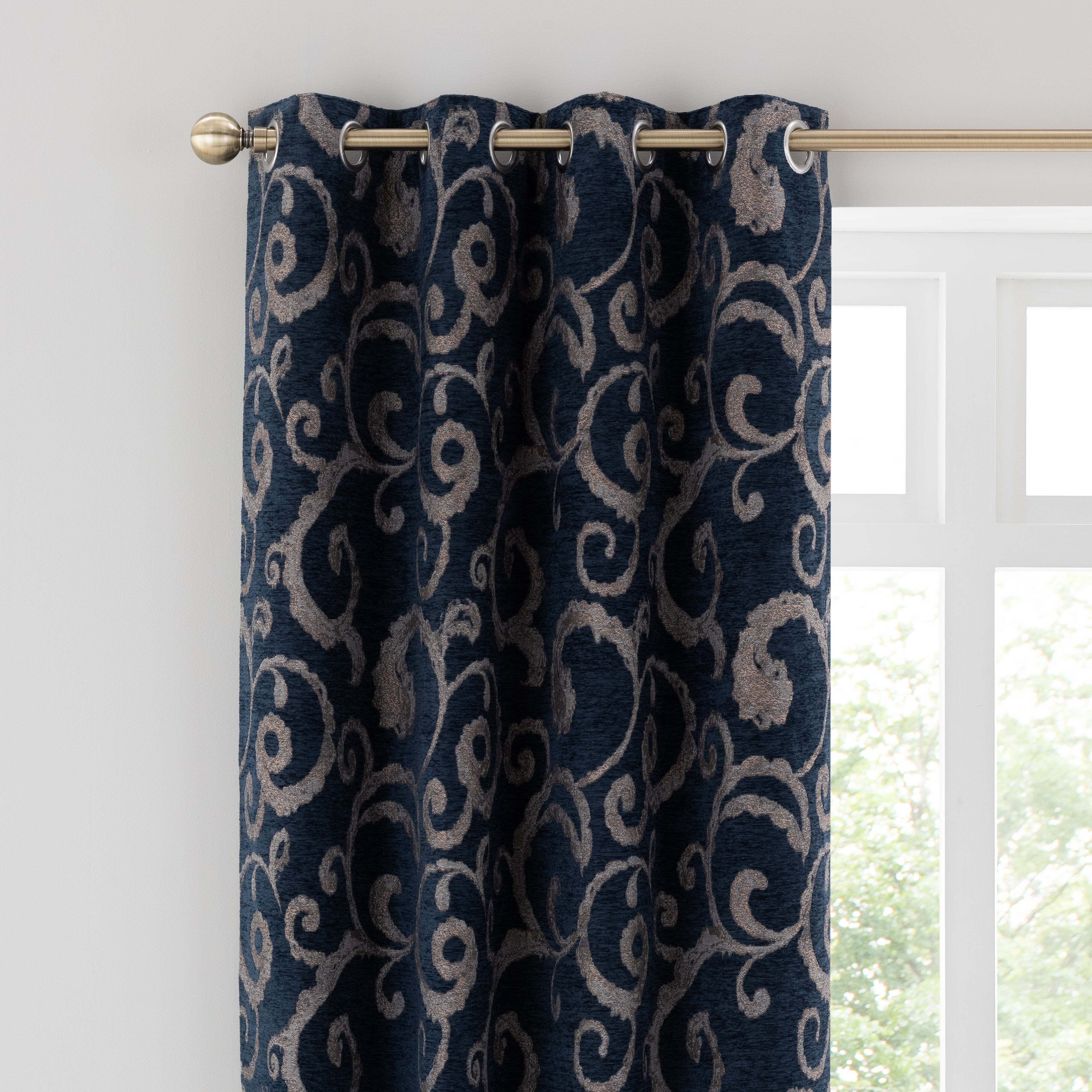 Chenille Scroll Navy Eyelet Curtains Navy