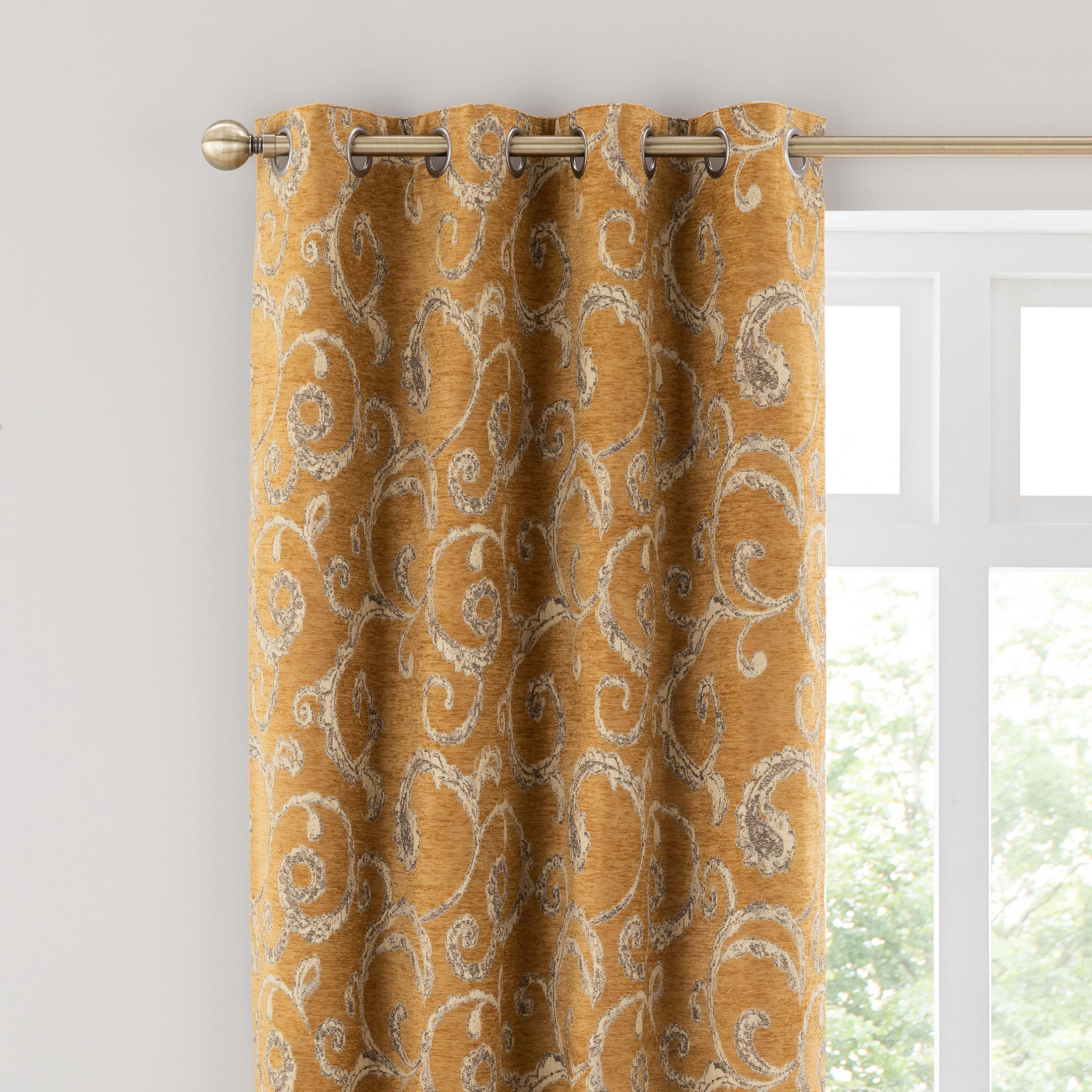 Chenille Scroll Ochre Eyelet Curtains Yellow