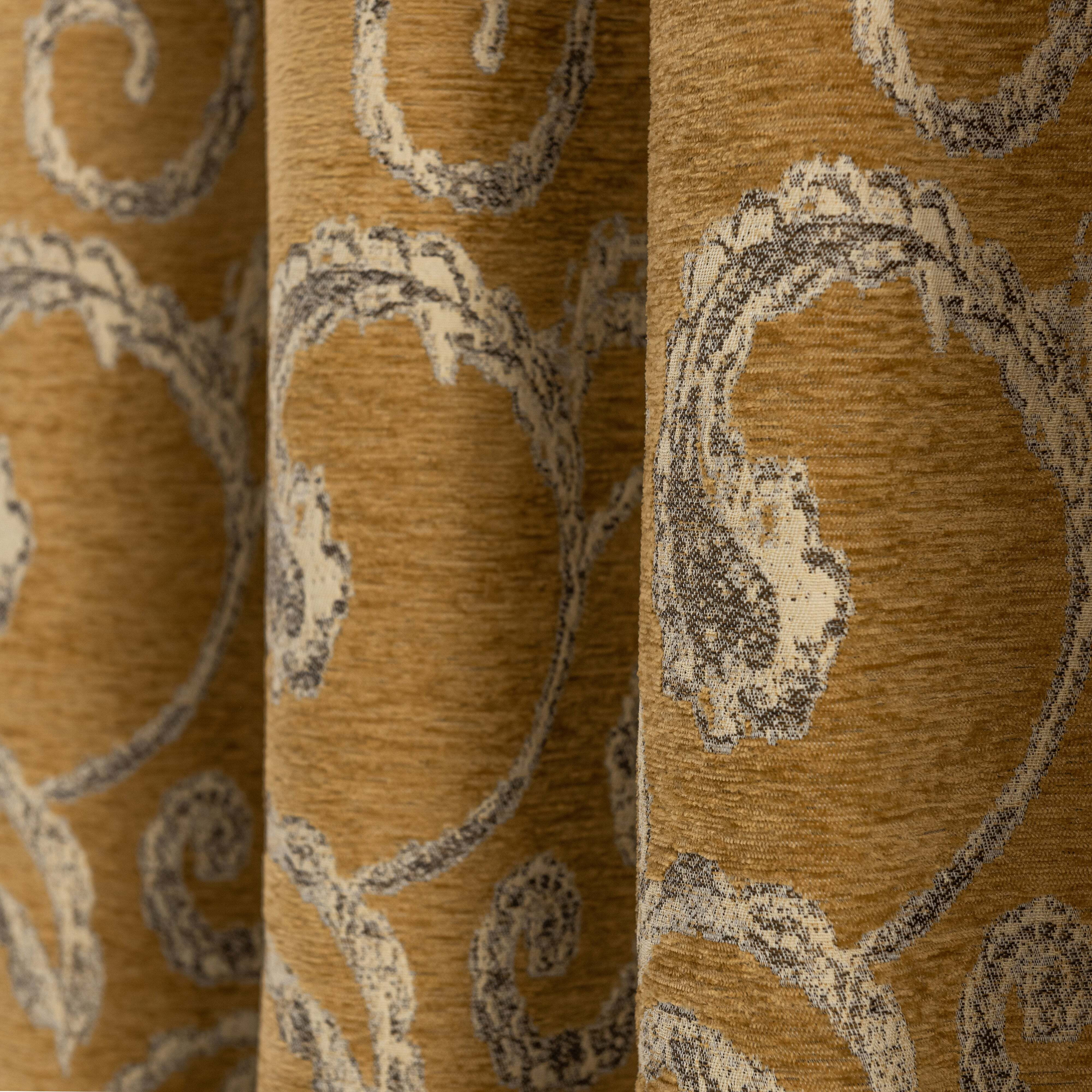Chenille Scroll Ochre Eyelet Curtains Yellow