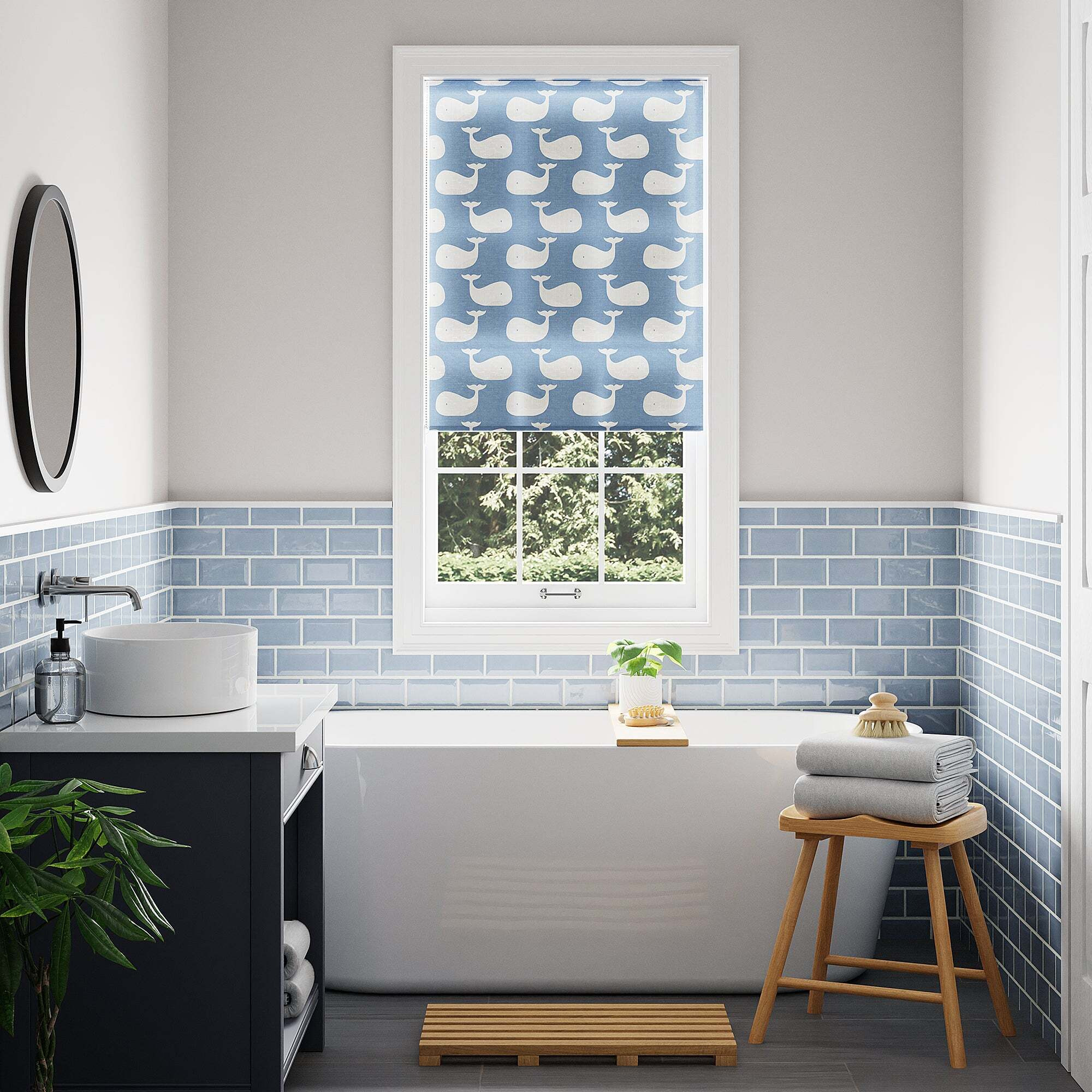 Whale Moisture Resistant Blue Roller Blind Blue