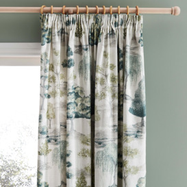Watercolour Trees Teal Pencil Pleat Curtains Beige/Green