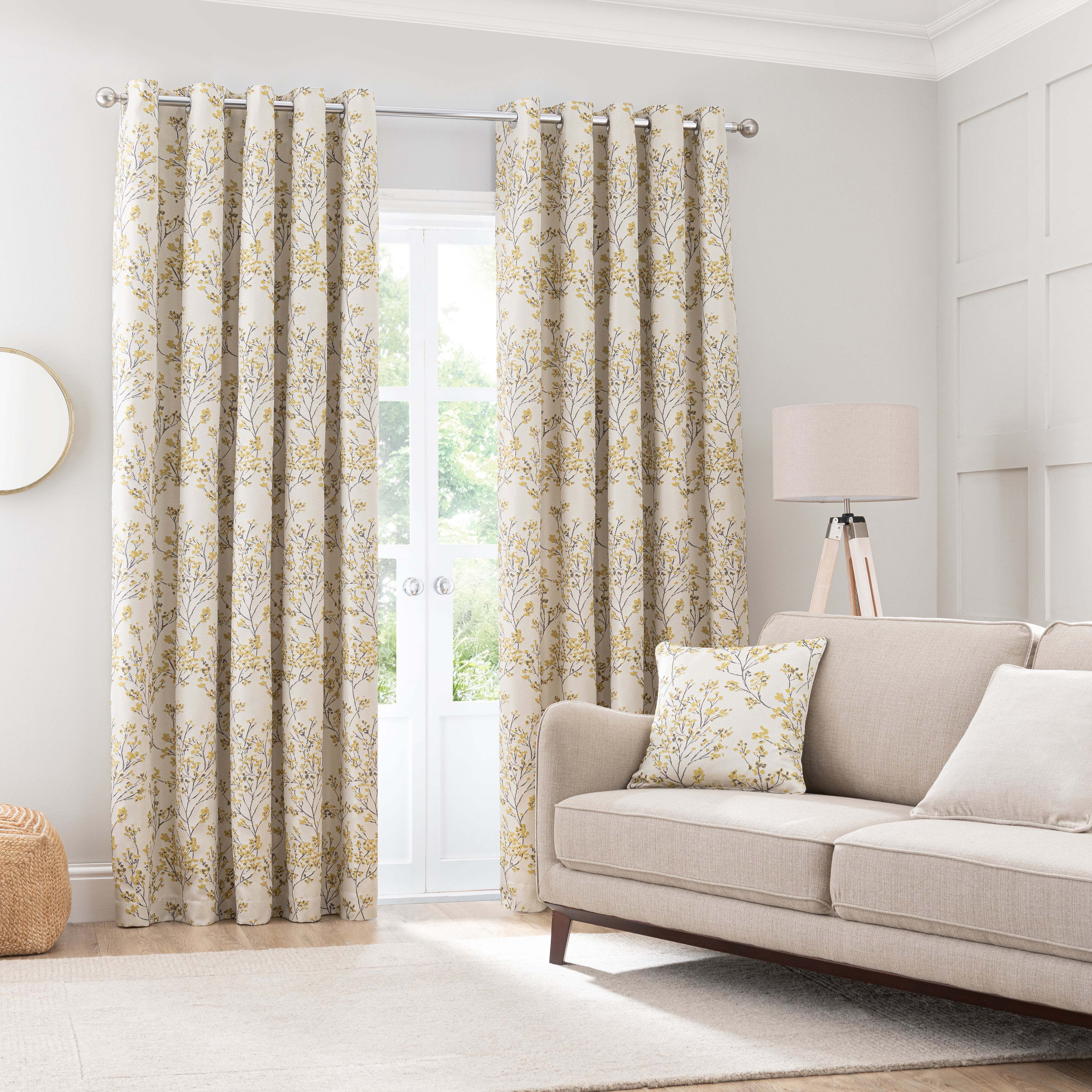 Sakura Ochre Floral Blackout Eyelet Curtains Yellow