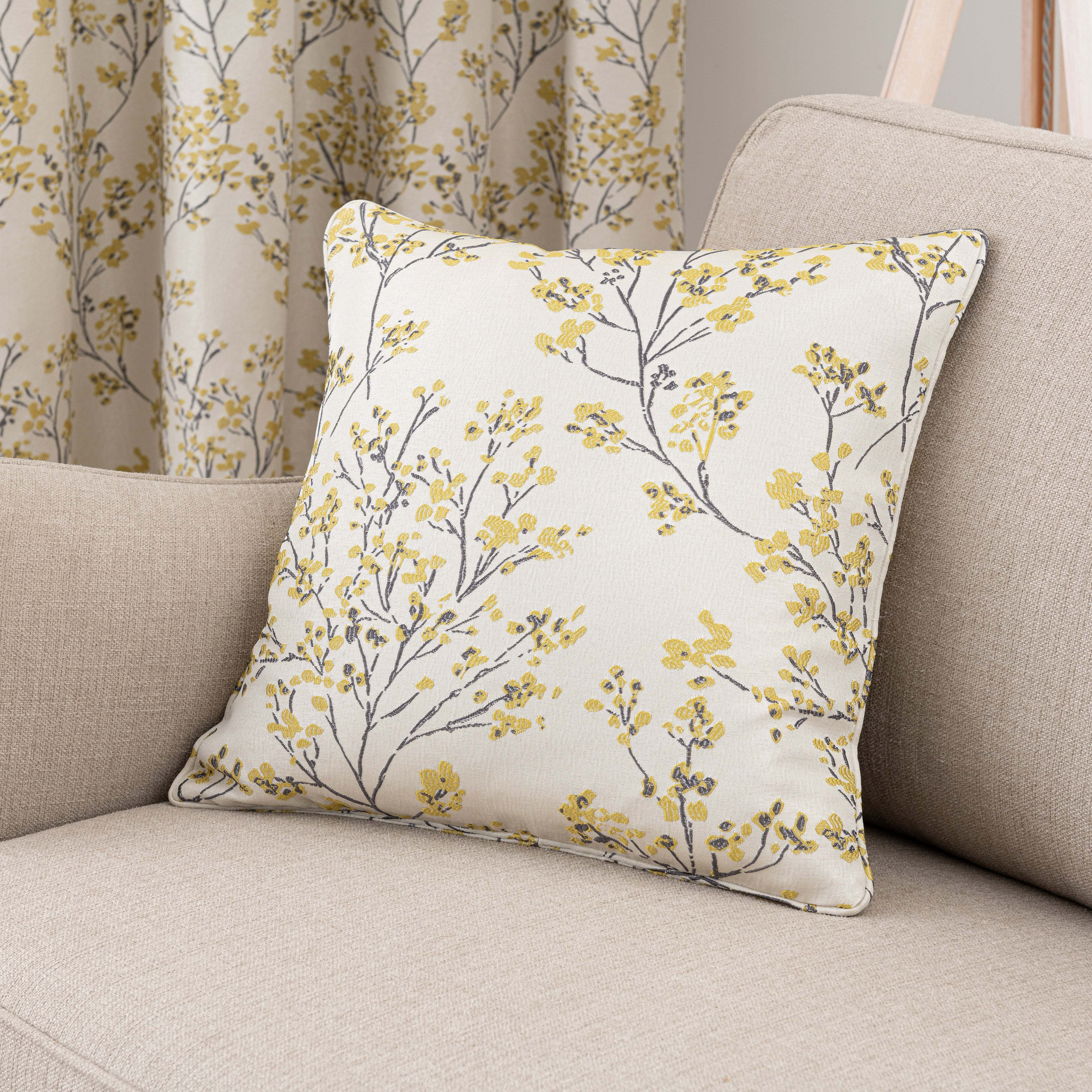 Sakura Ochre Floral Jacquard Cushion Yellow by Dunelm