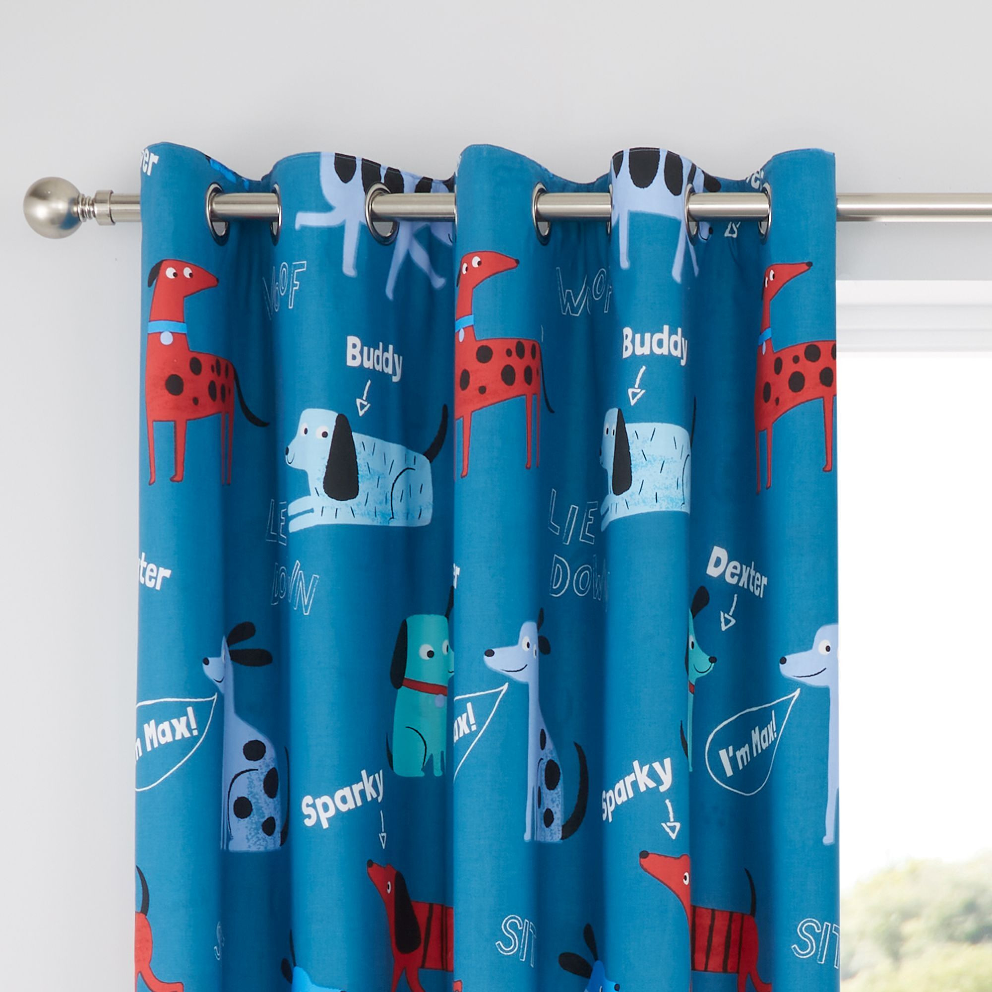 Catherine Lansfield Woofing Dogs Blue Eyelet Curtains Blue/Red/White