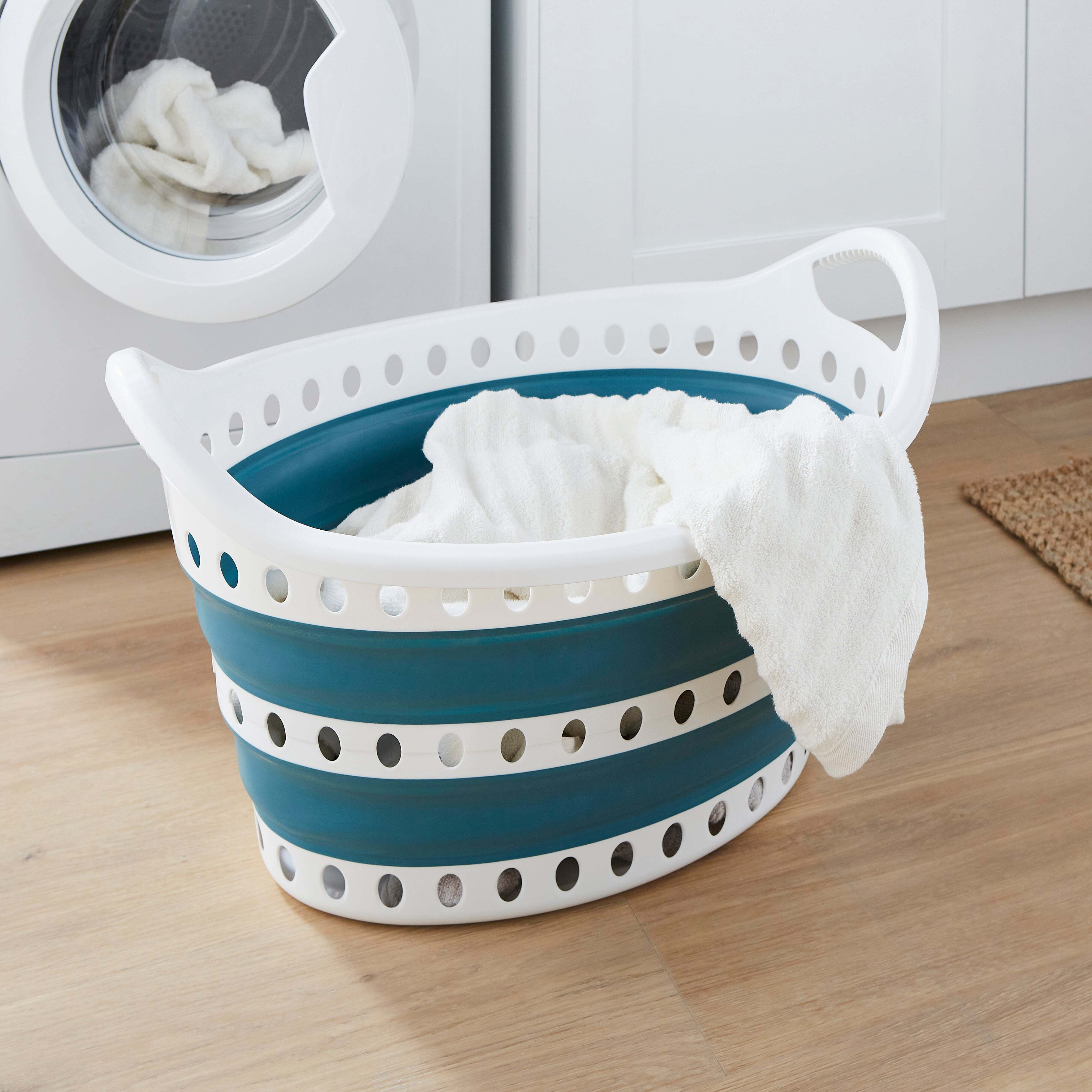 Collapsible Blue Oval Laundry Basket Blue