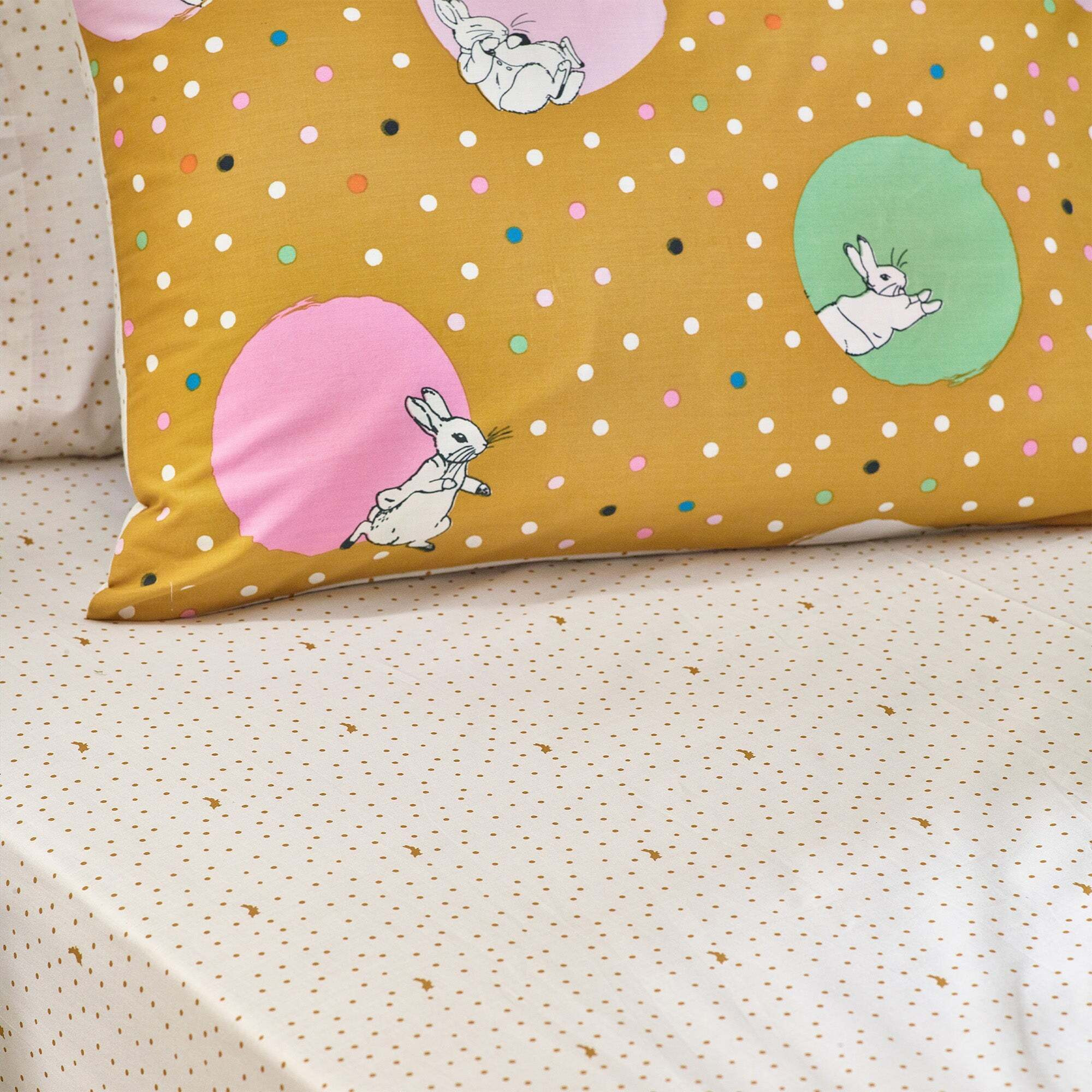 Peter Rabbit™ Dotty Ochre Fitted Sheet Yellow/Green/Pink