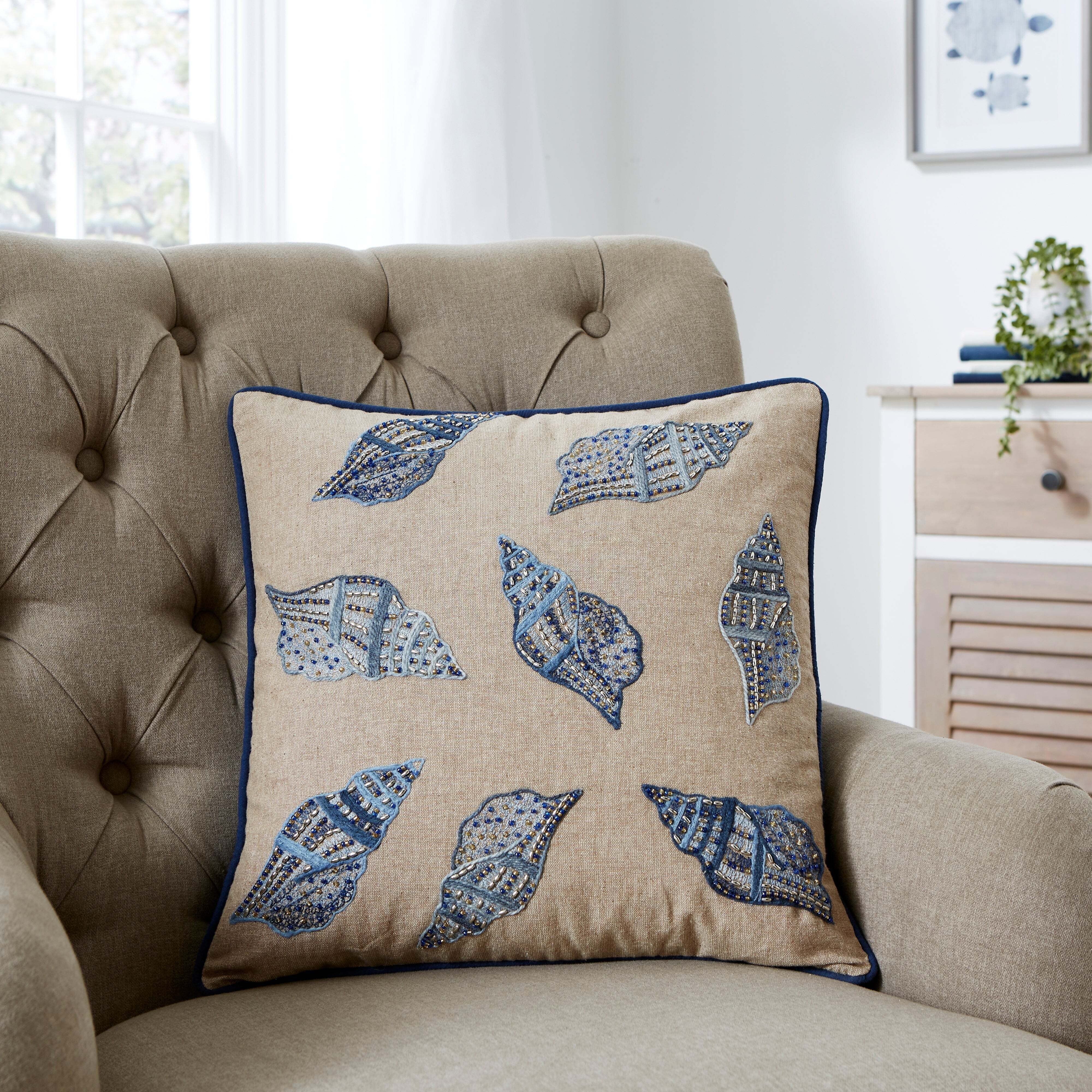 Beaded Sea Shell Cushion Blue