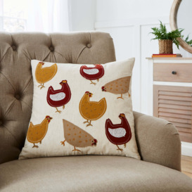 Embroidered Chickens Cushion Natural